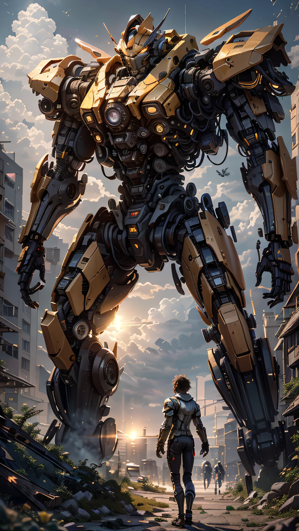 ((Best Quality)), ((Masterpiece)), (Very Detailed:1.3), 3D, Shitu-mecha, handsome cyberpunk with his handsome mech in the ruins of the city of the forgotten war, ancient technology, HDR (high dynamic range), ray tracing, nvidia RTX, super resolution, unreal 5, subsurface scattering, PBR texture, post-processing, anisotropic filtering, depth of field, maximum sharpness and sharpness, multi-layer texture, albedo and highlight maps, surface shading, Accurate simulation of light-material interactions, perfect proportions, octane rendering, duotone lighting, low ISO, white balance, rule of thirds, wide aperture, 8K RAW, efficient sub-pixels, subpixel convolution, luminescent particles, light scattering, Tyndall effect