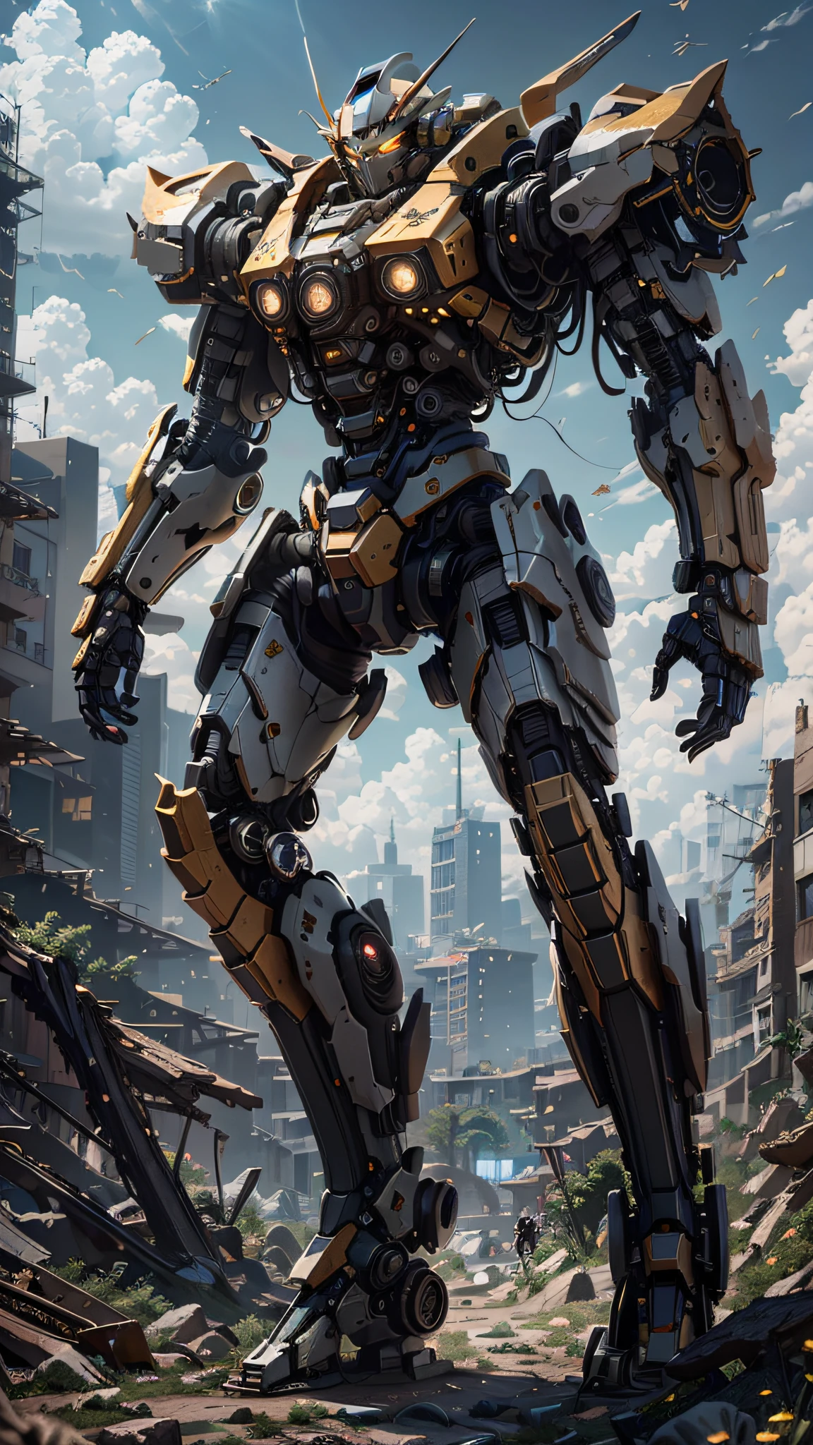 ((Best Quality)), ((Masterpiece)), (Very Detailed:1.3), 3D, Shitu-mecha, handsome cyberpunk with his handsome mech in the ruins of the city of the forgotten war, ancient technology, HDR (high dynamic range), ray tracing, nvidia RTX, super resolution, unreal 5, subsurface scattering, PBR texture, post-processing, anisotropic filtering, depth of field, maximum sharpness and sharpness, multi-layer texture, albedo and highlight maps, surface shading, Accurate simulation of light-material interactions, perfect proportions, octane rendering, duotone lighting, low ISO, white balance, rule of thirds, wide aperture, 8K RAW, efficient sub-pixels, subpixel convolution, luminescent particles, light scattering, Tyndall effect