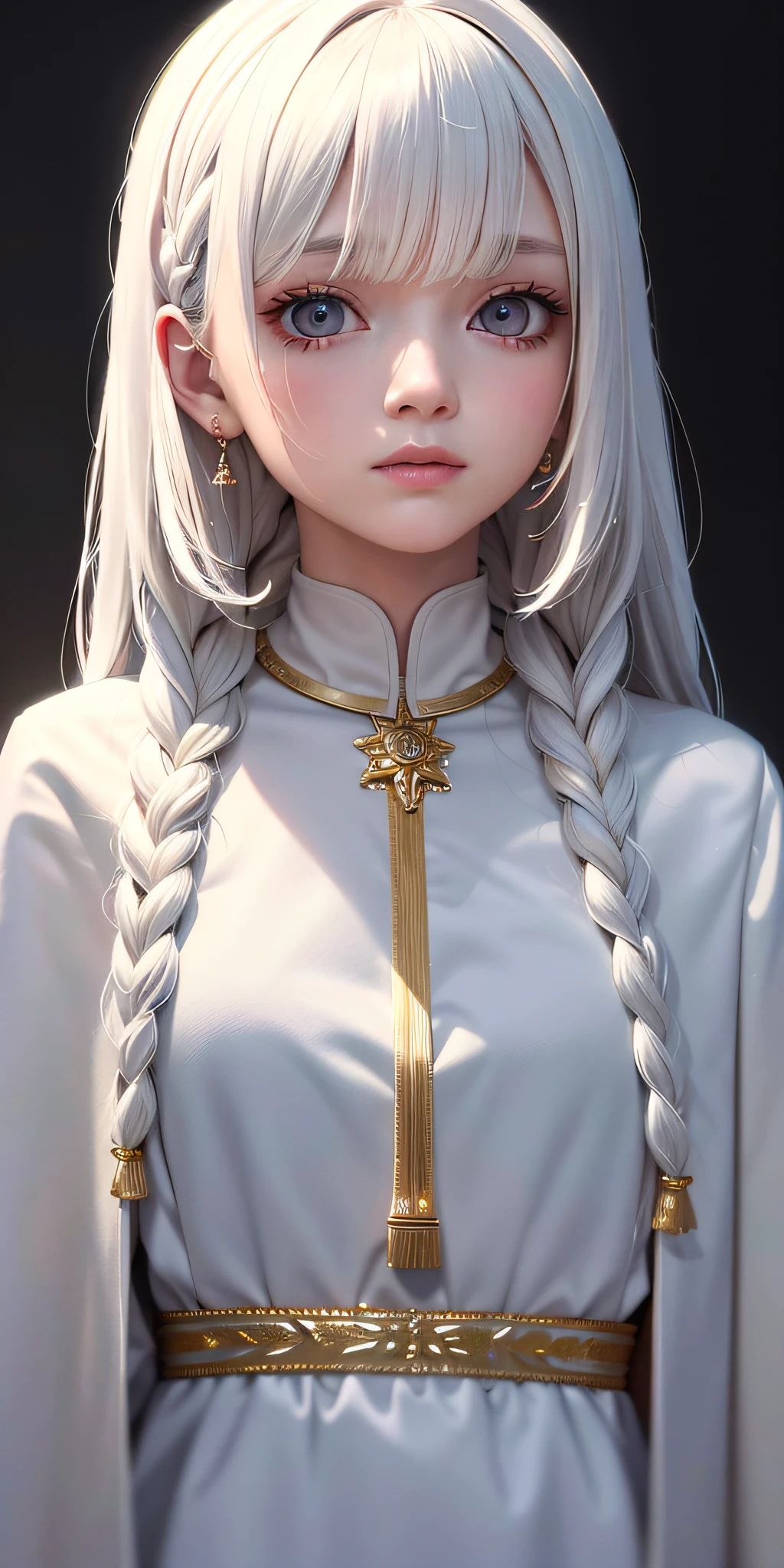 best quality, masterpiece,white hair, gold eyes,white clothes, looking up, upper body,hair strand,Fair skin,side braids