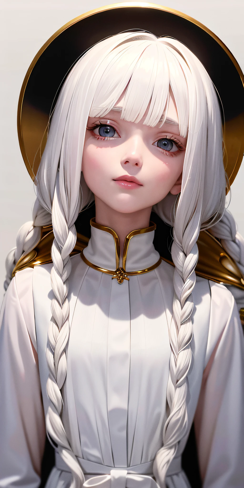 best quality, masterpiece,white hair, gold eyes,white clothes, looking up, upper body,hair strand,Fair skin,side braids
