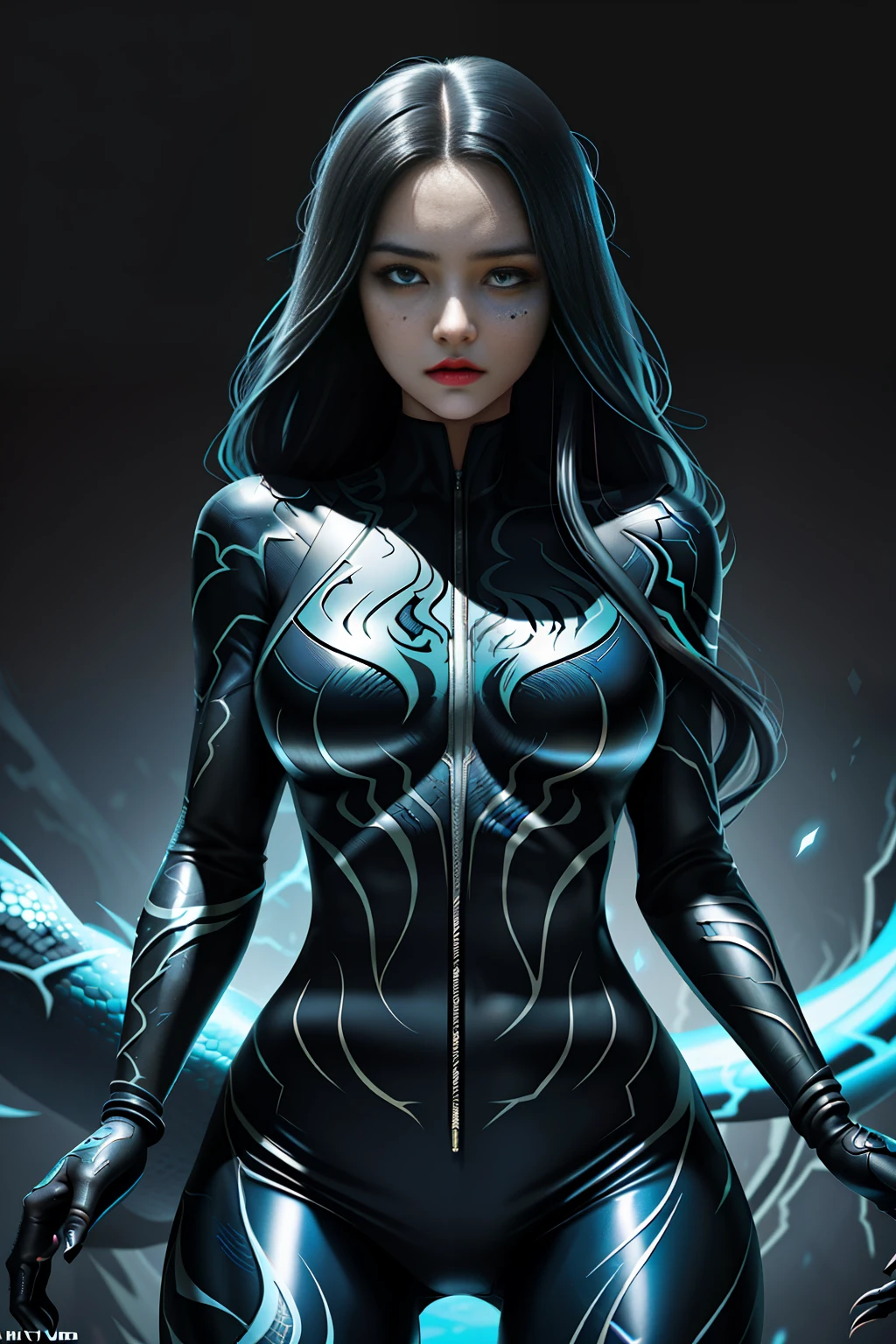 1girl, beautiful girl but evil, beautiful, Symbiote, dynamic pose, highly detailed, micro detail, intricate, 8 K, hyper detailed, smooth, Venom suit, illustration