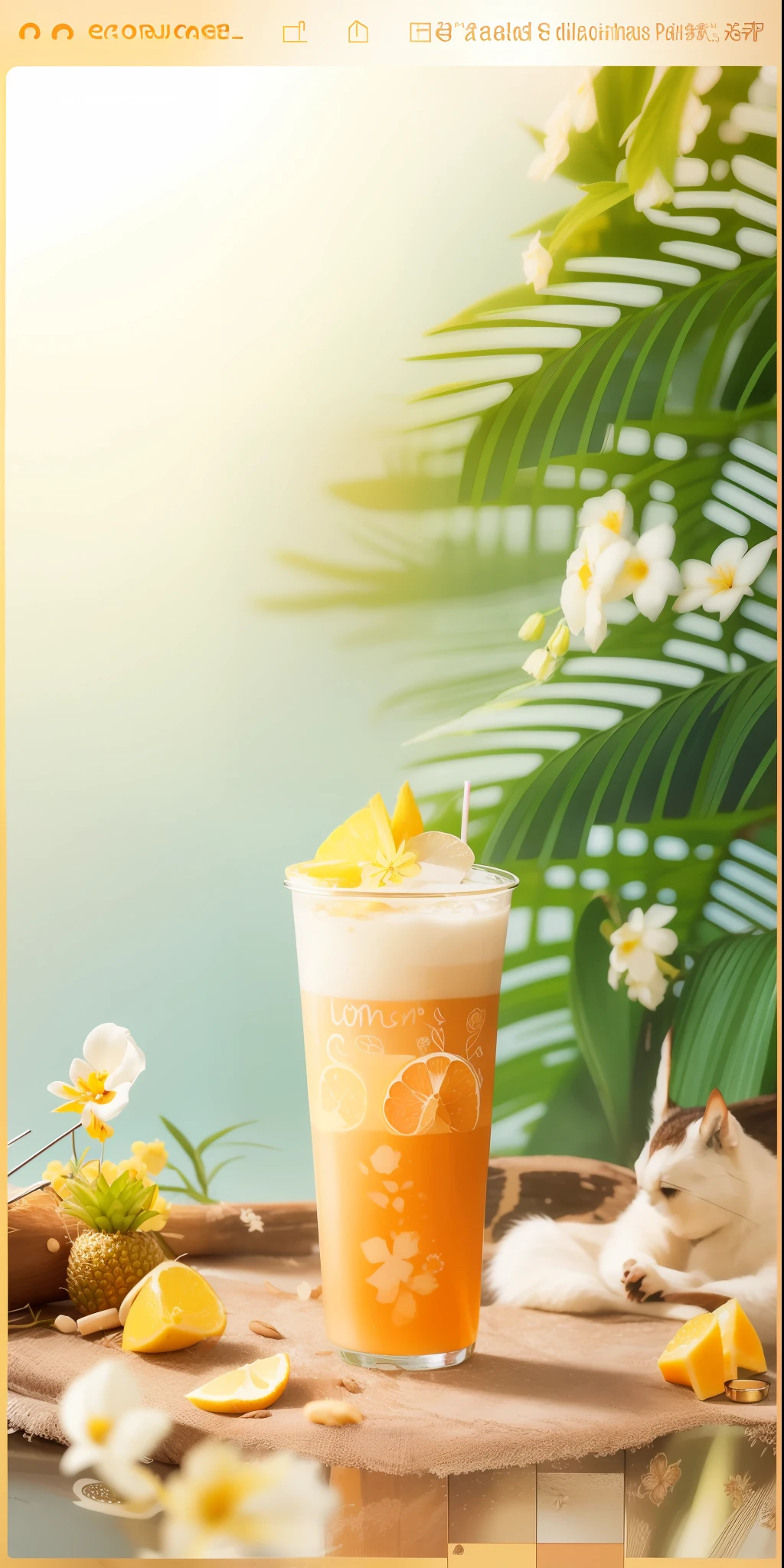 Have a cup of milk tea with straw, summer, advertising pictures, tropical paradise, promotional pictures, , trends, images, descriptions, official product pictures, inspired by Puhua, blossoming pineapple and orchid, jia, summer, paradise, flowers, fruits, e-commerce, fresh, nature, ❤🔥🍄🌪 🐿🍸🍋 🍸🍋 refreshing --auto --s2