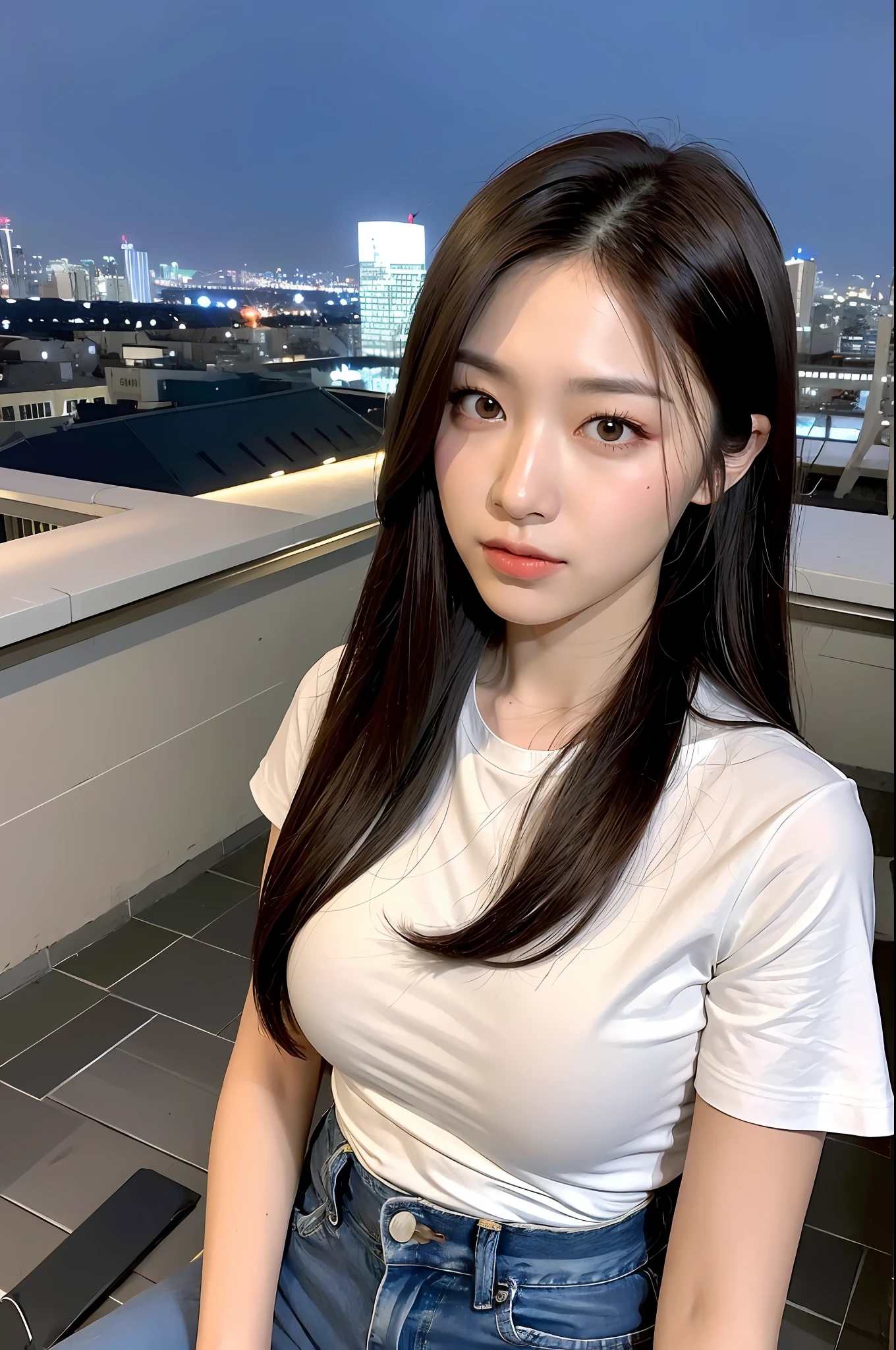 ((Midnight, Best quality, 8k, Masterpiece :1.3)), Whole body, Long legs, Sharp focus :1.2, A pretty woman with perfect figure :1.4, Slender abs :1.1, ((Dark brown hair, Big breasts :1.2)), (White tight tshirt, Jean bib, Standing:1.2), ((Night city view, Rooftop:1.3)), Highly detailed face and skin texture, Detailed eyes, Double eyelid