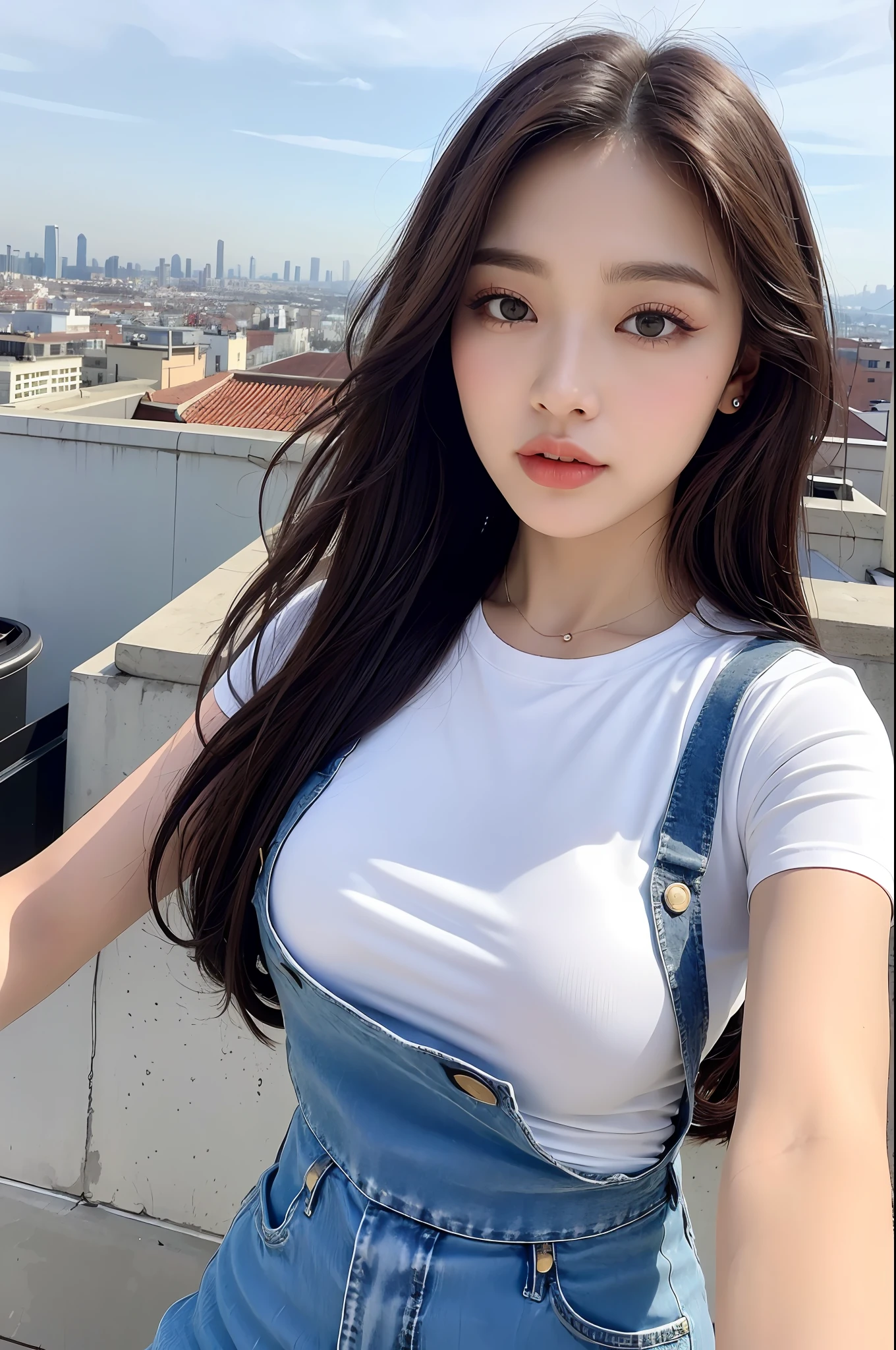 ((Midnight, Best quality, 8k, Masterpiece :1.3)), Whole body, Long legs, Sharp focus :1.2, A pretty woman with perfect figure :1.4, Slender abs :1.1, ((Dark brown hair, Big breasts :1.2)), (White tight tshirt, Jean bib, Standing:1.2), ((Night city view, Rooftop:1.3)), Highly detailed face and skin texture, Detailed eyes, Double eyelid