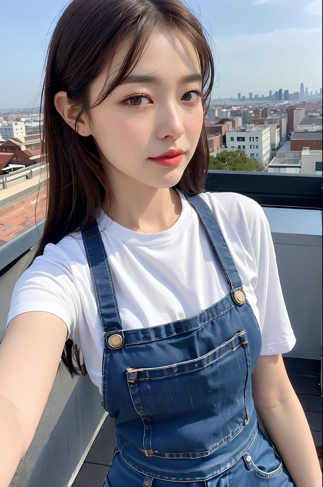 ((Midnight, Best quality, 8k, Masterpiece :1.3)), Whole body, Long legs, Sharp focus :1.2, A pretty woman with perfect figure :1.4, Slender abs :1.1, ((Dark brown hair, Big breasts :1.2)), (White tight tshirt, Jean bib, Standing:1.2), ((Night city view, Rooftop:1.3)), Highly detailed face and skin texture, Detailed eyes, Double eyelid
