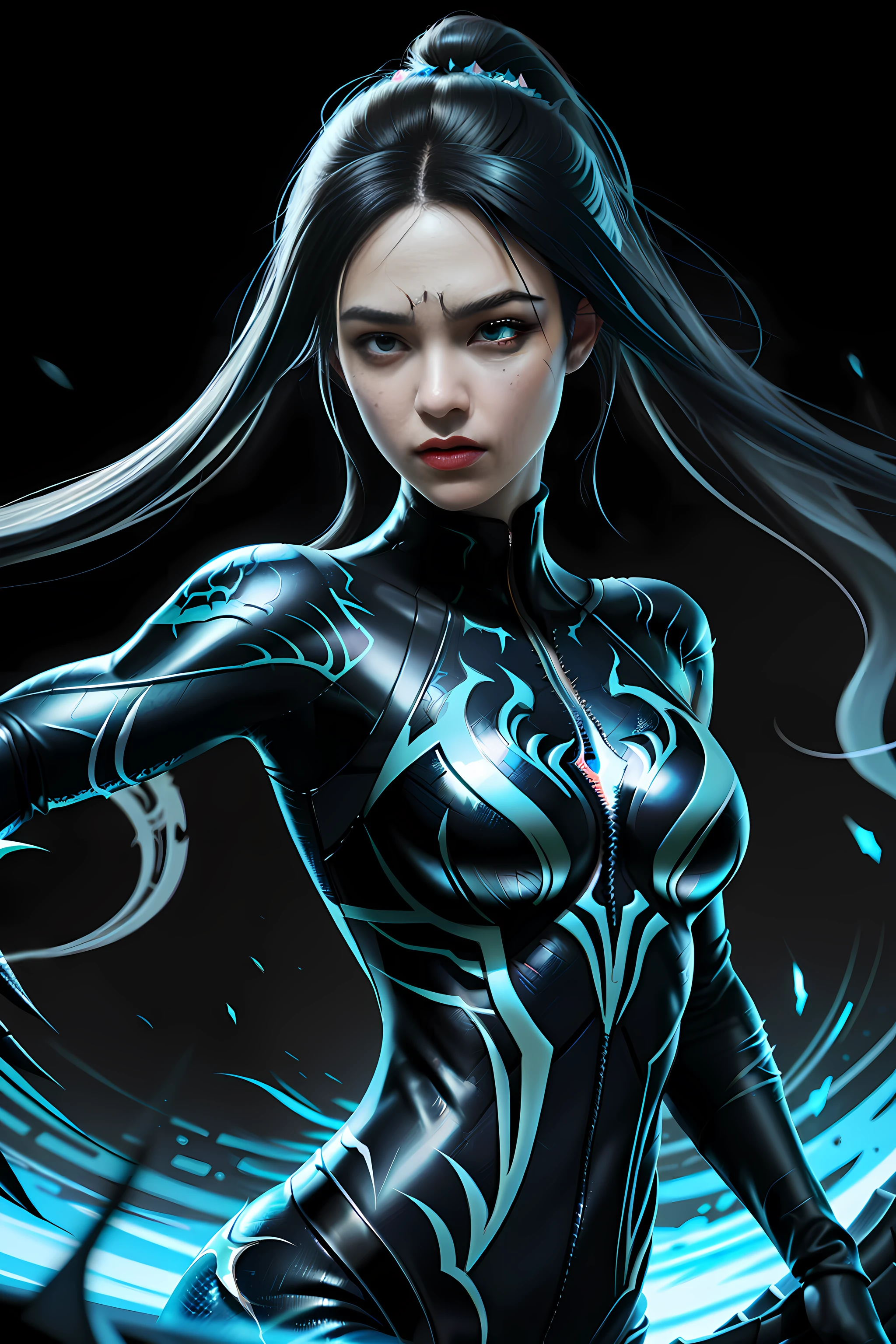 1girl, beautiful girl but evil, beautiful, Symbiote, dynamic pose, highly detailed, micro detail, intricate, 8 K, hyper detailed, smooth, Venom suit, illustration