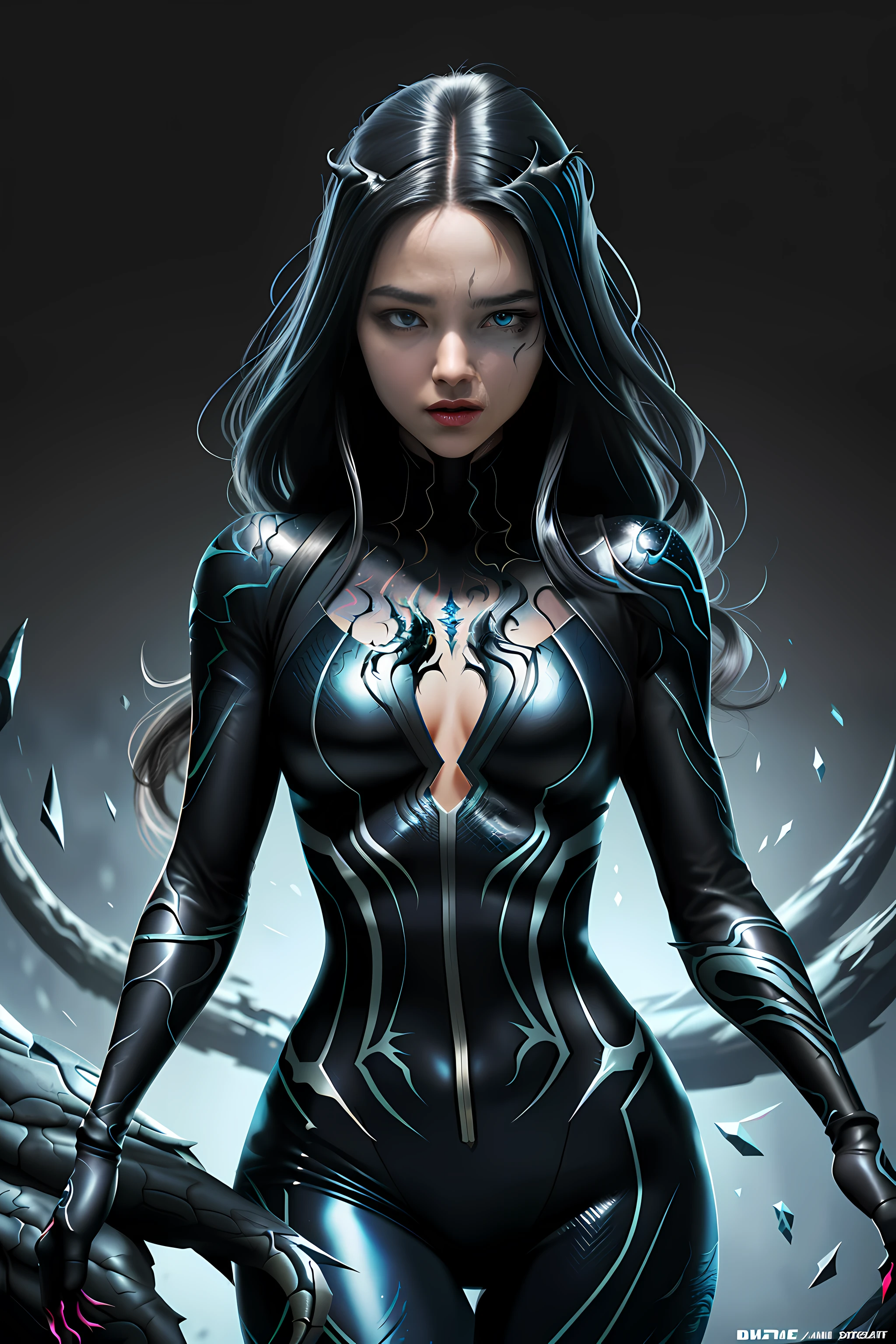 1girl, beautiful girl but evil, beautiful, Symbiote, dynamic pose, highly detailed, micro detail, intricate, 8 K, hyper detailed, smooth, Venom suit, illustration