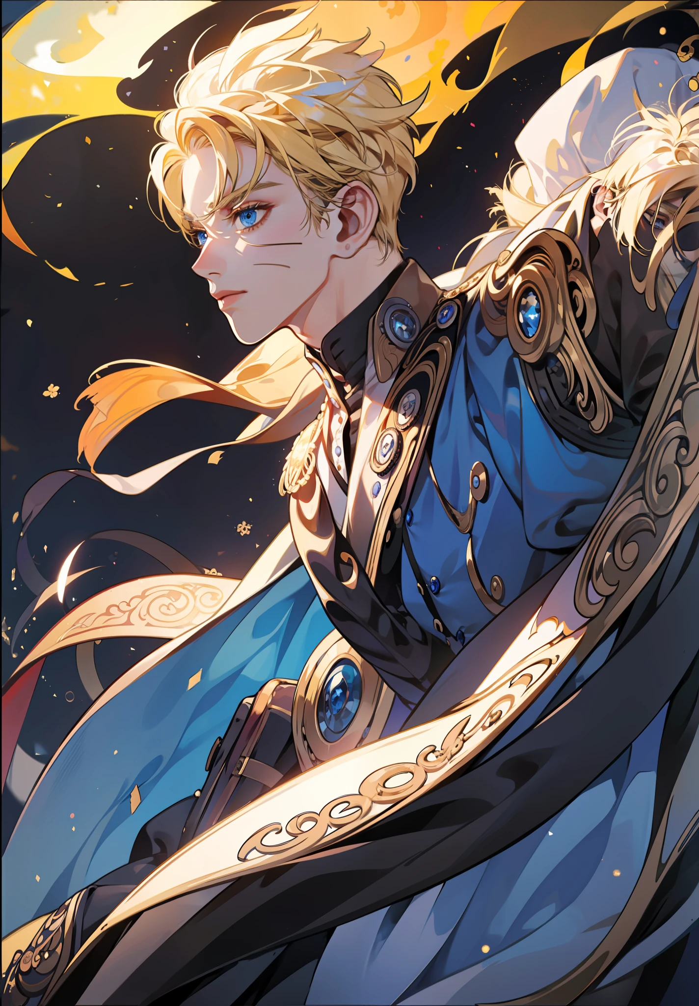 Prince, blue eyes, blonde hair, black outfit, mature, masculine man, gold earring, quality, tan skin, solo, blue eyes, naruto with victorian attire, ((((victorian male attire)))), 1 boy, solo, uzumaki naruto, whiskermark, masculine, adult
