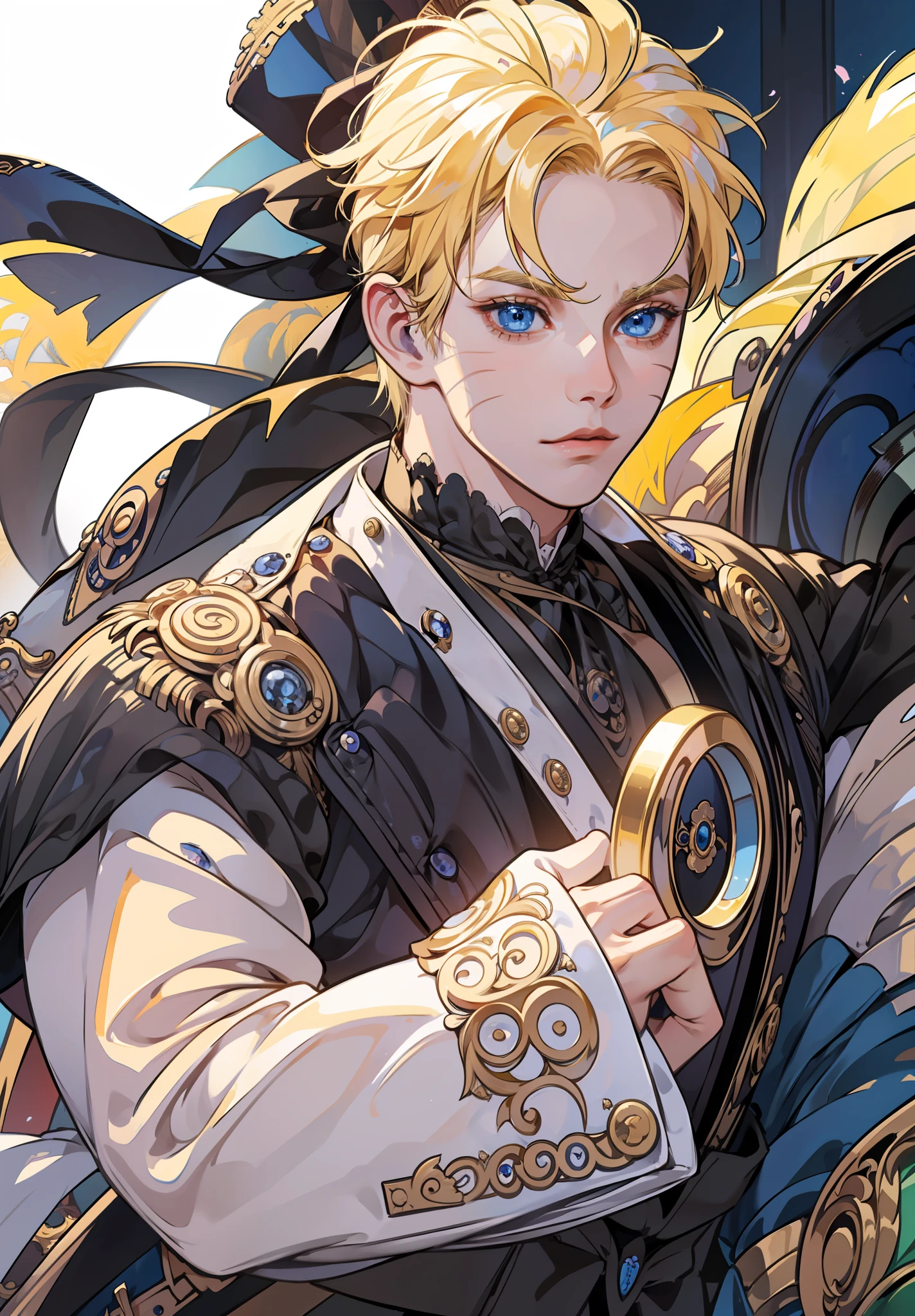 Prince, blue eyes, blonde hair, black outfit, mature, masculine man, gold earring, quality, tan skin, solo, blue eyes, naruto with victorian attire, ((((victorian male attire)))), 1 boy, solo, uzumaki naruto, whiskermark, masculine, adult