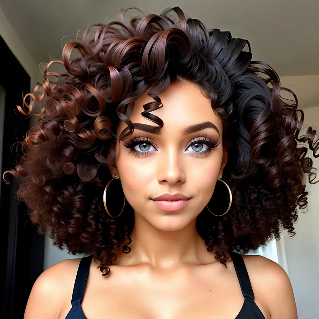 Brown woman
Curly hair
Large eyelashes
Blue eyes
Fleshy lips 
Big hair