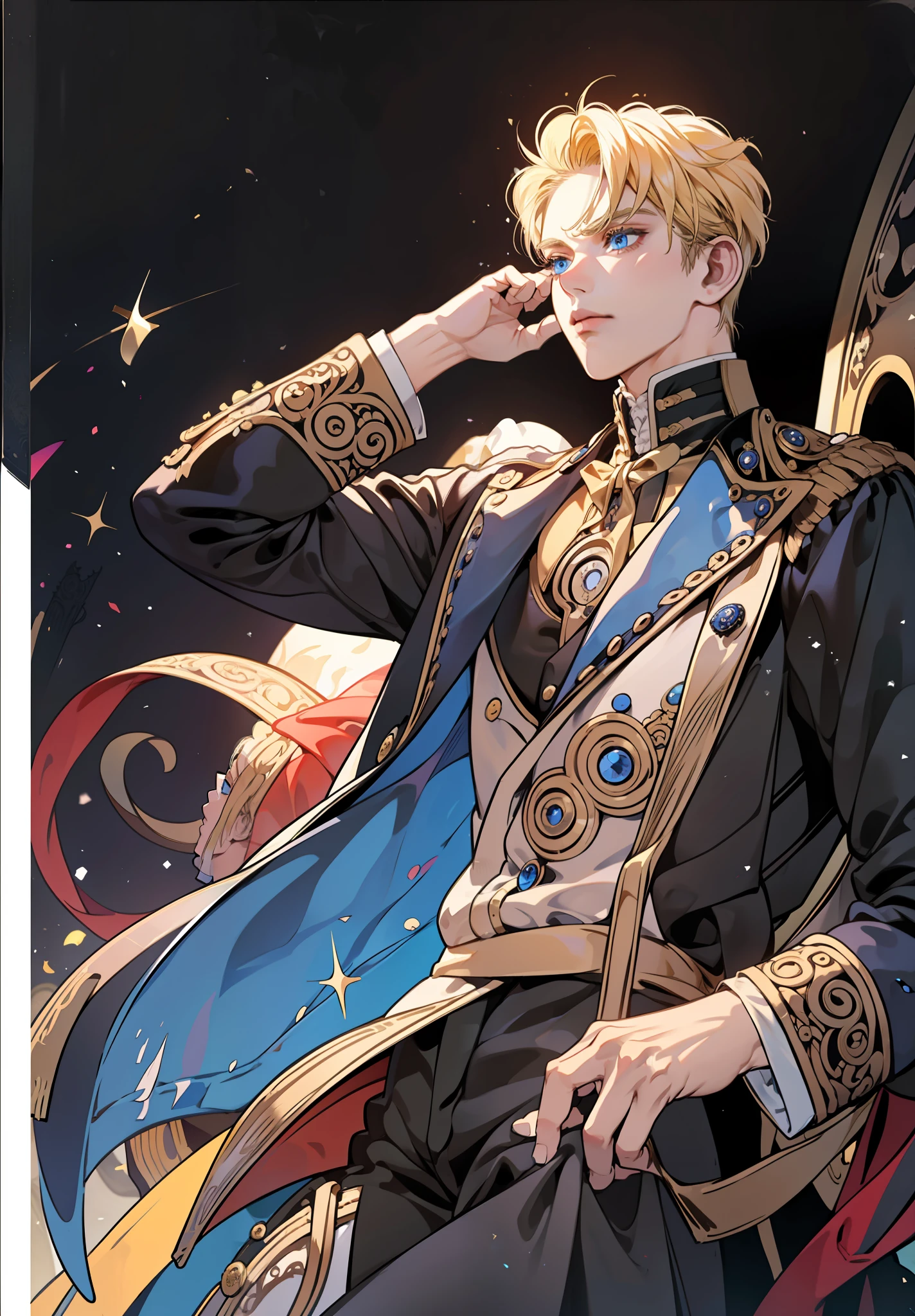 Prince, blue eyes, blonde hair, black outfit, mature, masculine man, gold earring, quality, tan skin, solo, blue eyes, naruto with victorian attire, ((((victorian male attire)))), 1 boy, solo, uzumaki naruto, whiskermark, masculine, adult