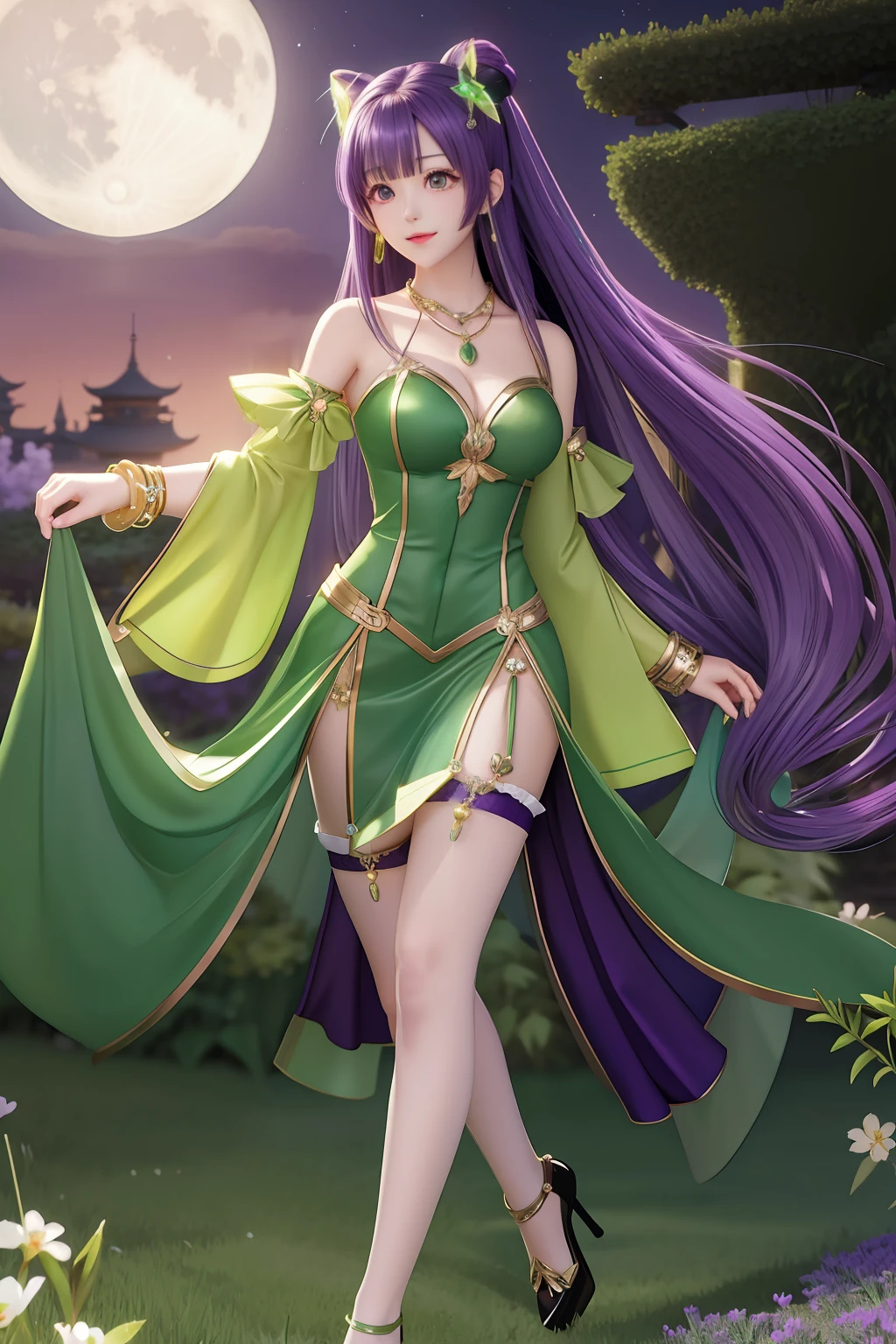 wheat skin woman anime green gemstone necklace purple hair high heels black stockings moon garden