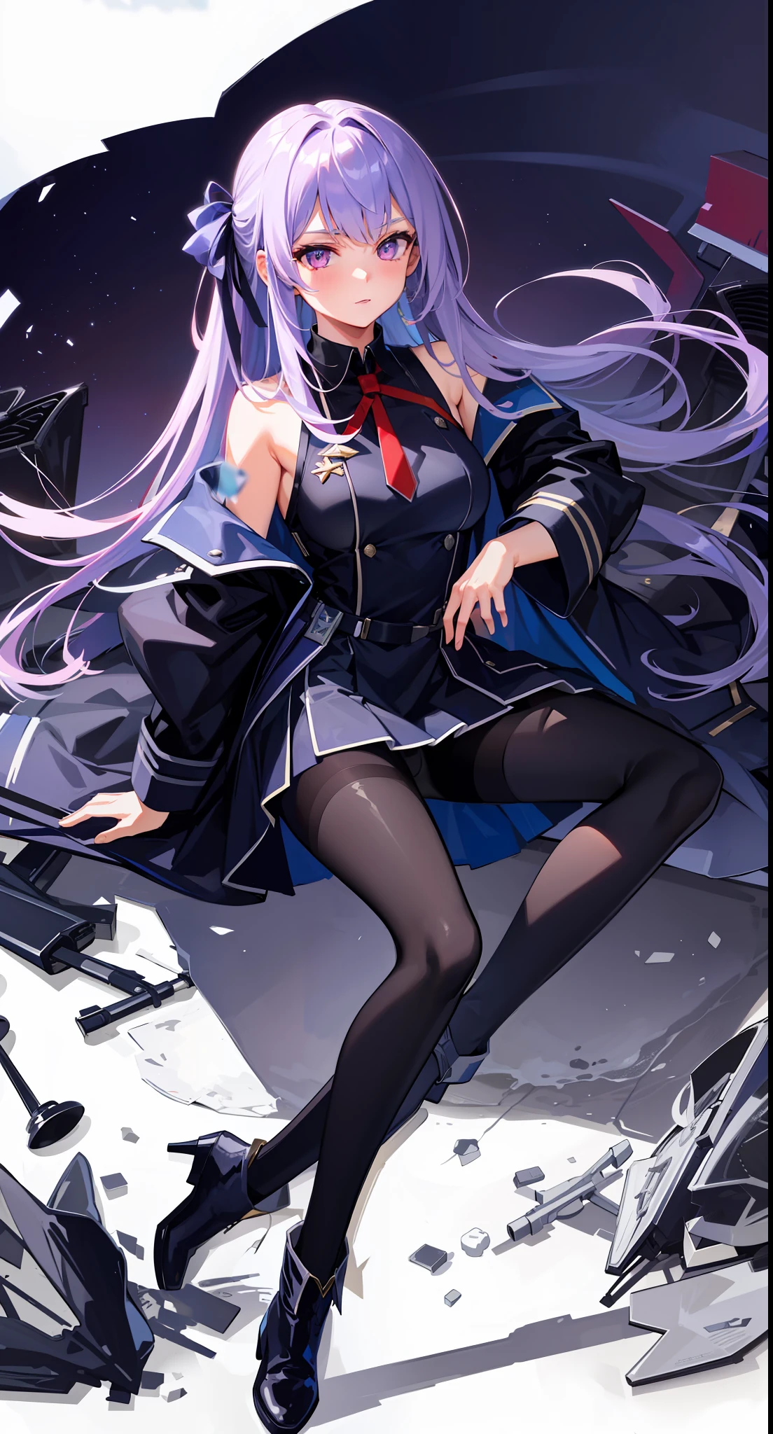 (Hyper Extreme Detail), (Masterpiece), (Hyper Extreme), (Photorealistic), CG, (Color: 1.2), Beautiful lighting, Light from the front, Solo, Light purple hair, Ultra high definition face, Long hair, hair tied in a blue ribbon, pin heel seat with folded boots, red tie, Off-shoulder outfit with open chest with blue collar, Tight miniskirt dress, (black pantyhose), long hem military uniform over the shoulders, (military), on the sea, splash