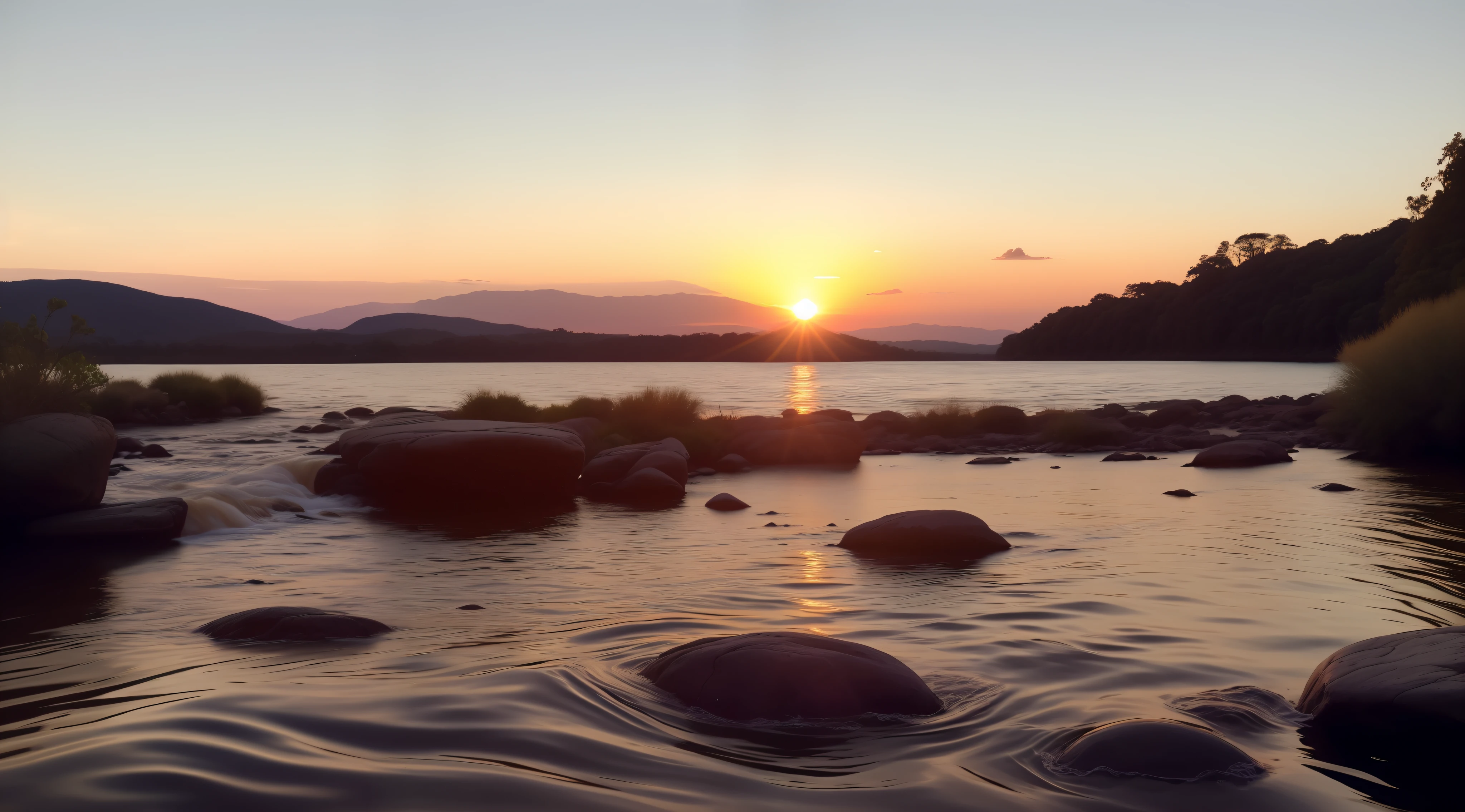 there is a river with rocks in it and a sunset in the background, golden hour photo, at the golden hour, summer sunset, at golden hour, during golden hour, soft glow, as the sun sets on the horizon, morning glow, filtered evening light, during a sunset, sunset glow, golden hour time, warm glow, by Alexander Robertson, at the sunset --auto --s2