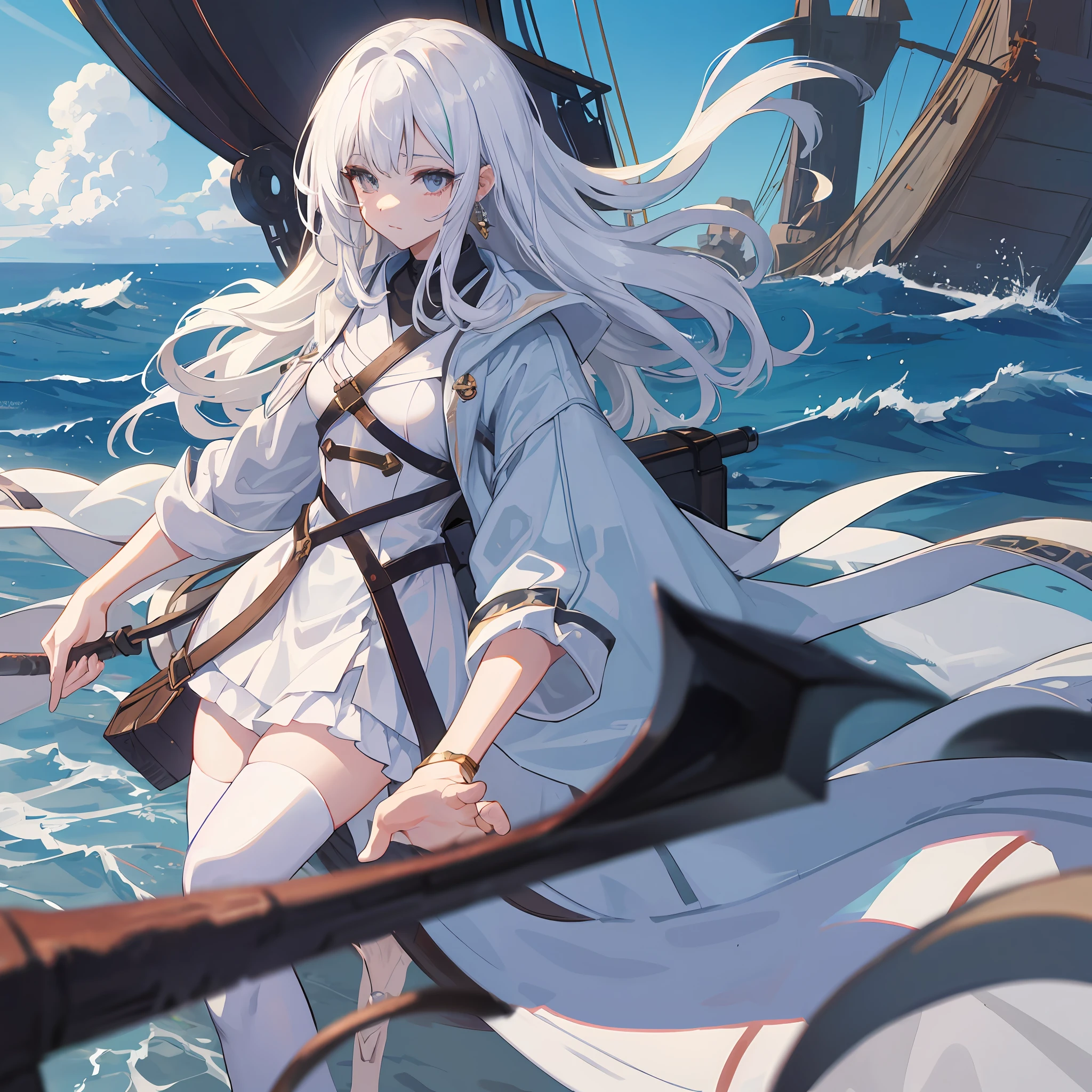 Anime female, with dark and white hair colour style, using white adventure robe, was on a sailing ship