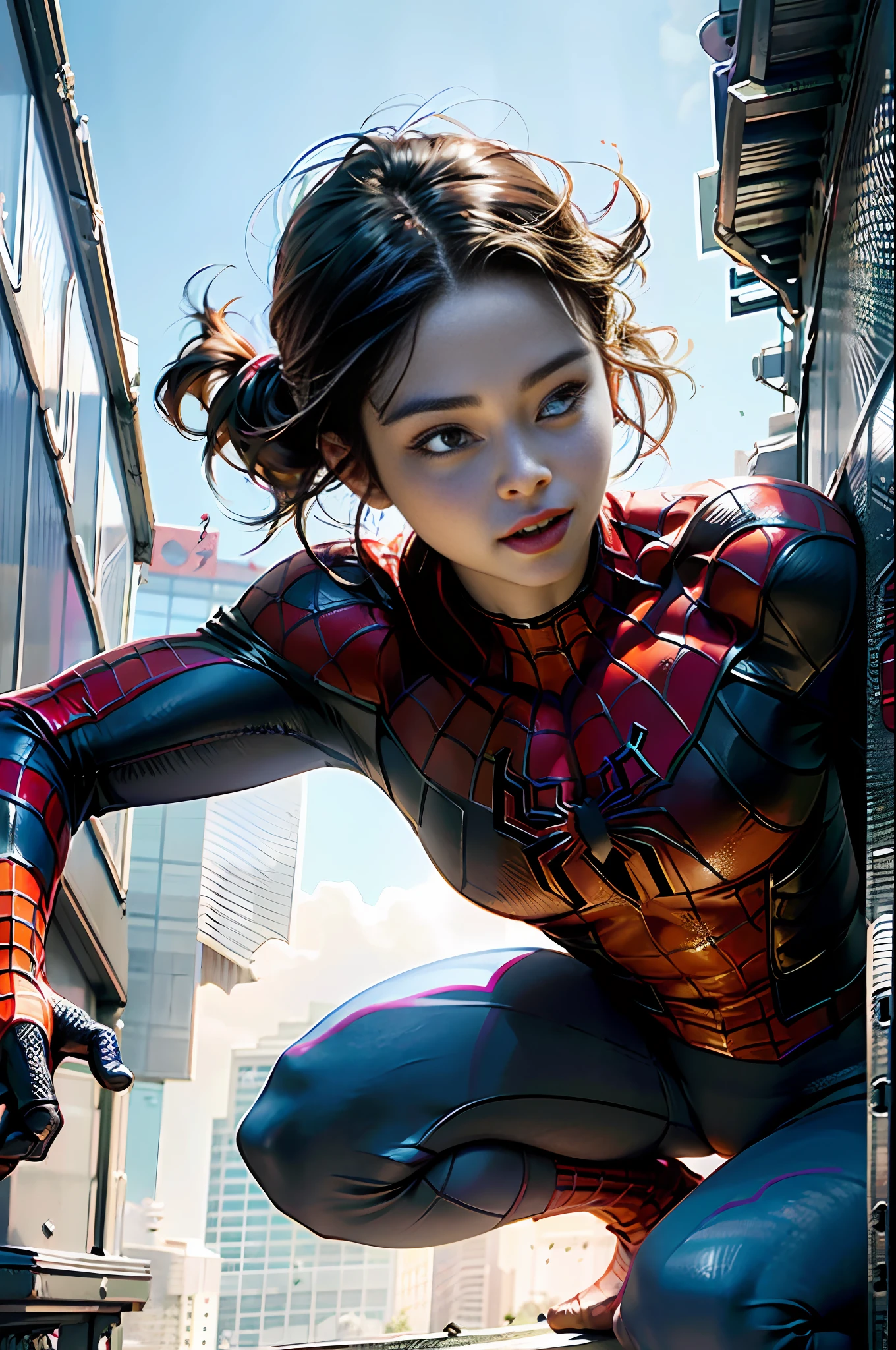 RAW，1girl， (A charming 18 year old Chinese girl: 1.5), (no mask, face: 2), handsome, Spider-Man classic pose, shooting spider silk, masterpiece, super fine photo, best quality, super high resolution, photorealistic photorealism, sunny handsome, full body portrait, delicate face, vibrant eyes, (viewed from the side), she is wearing a futuristic steel woman Spider-Man costume, very detailed background, detailed face, detailed complex busy background, highly detailed skin, realistic skin details, visible pores, sharp focus, volumetric fog, 8k  UHD, DSLR, high quality, film grain, photo realism, wheat-colored skin, (lower body bulge: 1.5)
