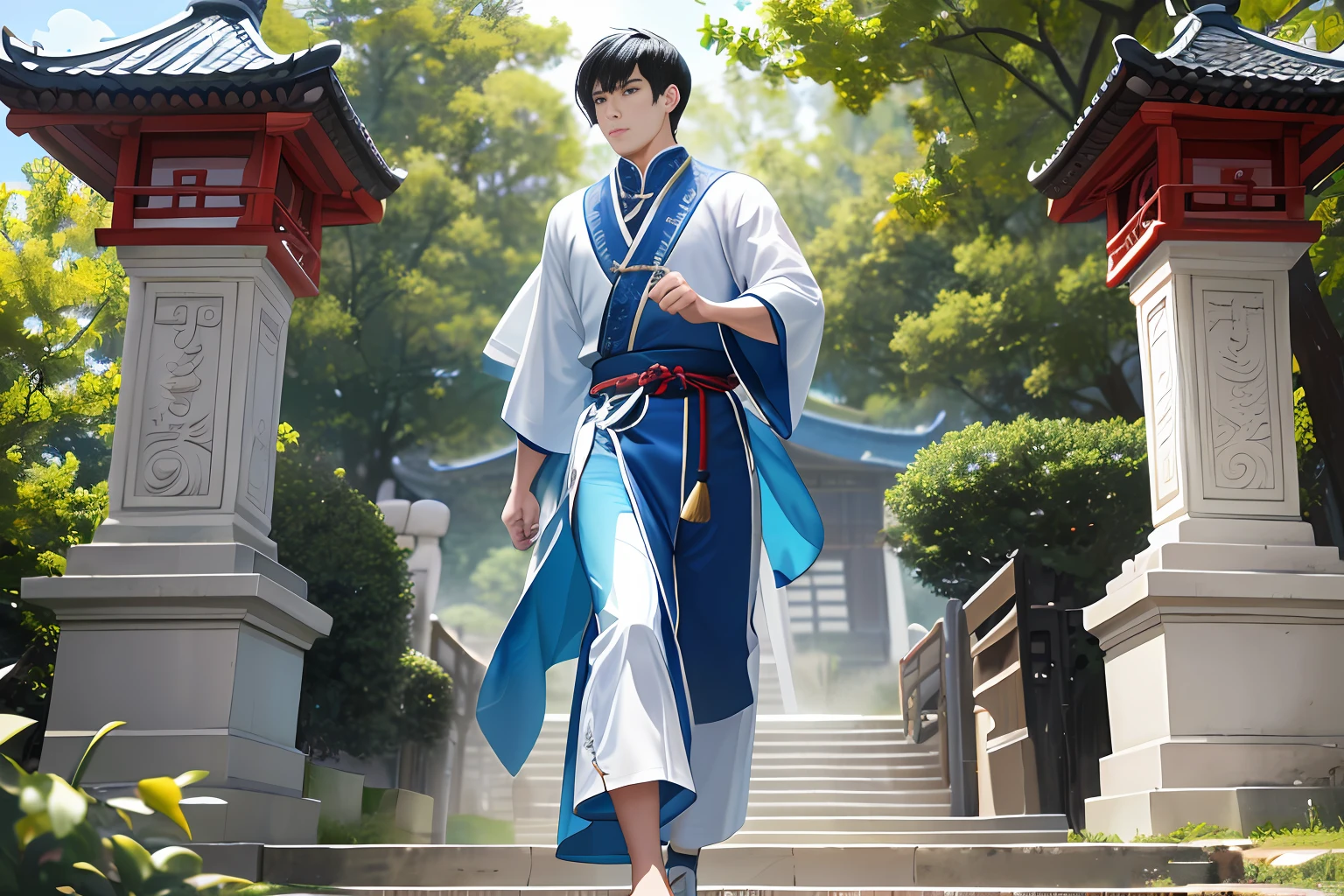 High-definition pictures, ultra-high resolution, super details. An 18-year-old boy, tall, close-up on the side, full body, cyan practice robe, black hair, super short hair, outdoor altar, altar, walking forward, dynamic diagram, many details. Chinese ancient style, Chinese martial arts style. 4K ultra-clear material.