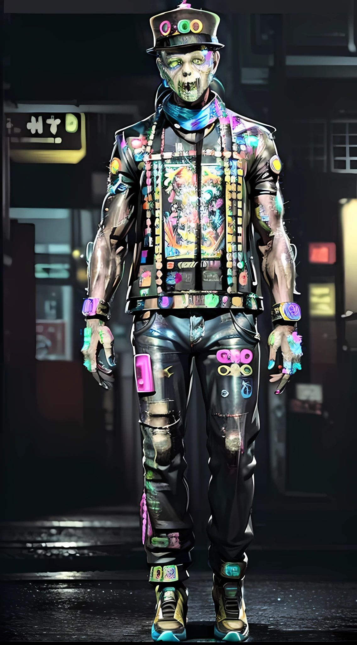 ((Masterpiece), (Best Quality), Ultra High Resolution, (Realistic:1.4), Extraordinary Detail, Colorful Neon Lights, High Resolution, 8K, 1 Clear Zombie Boy, Full Body, Clear Hat, Cyberpunk, Mecha Zombie, Futuristic Tech Gun