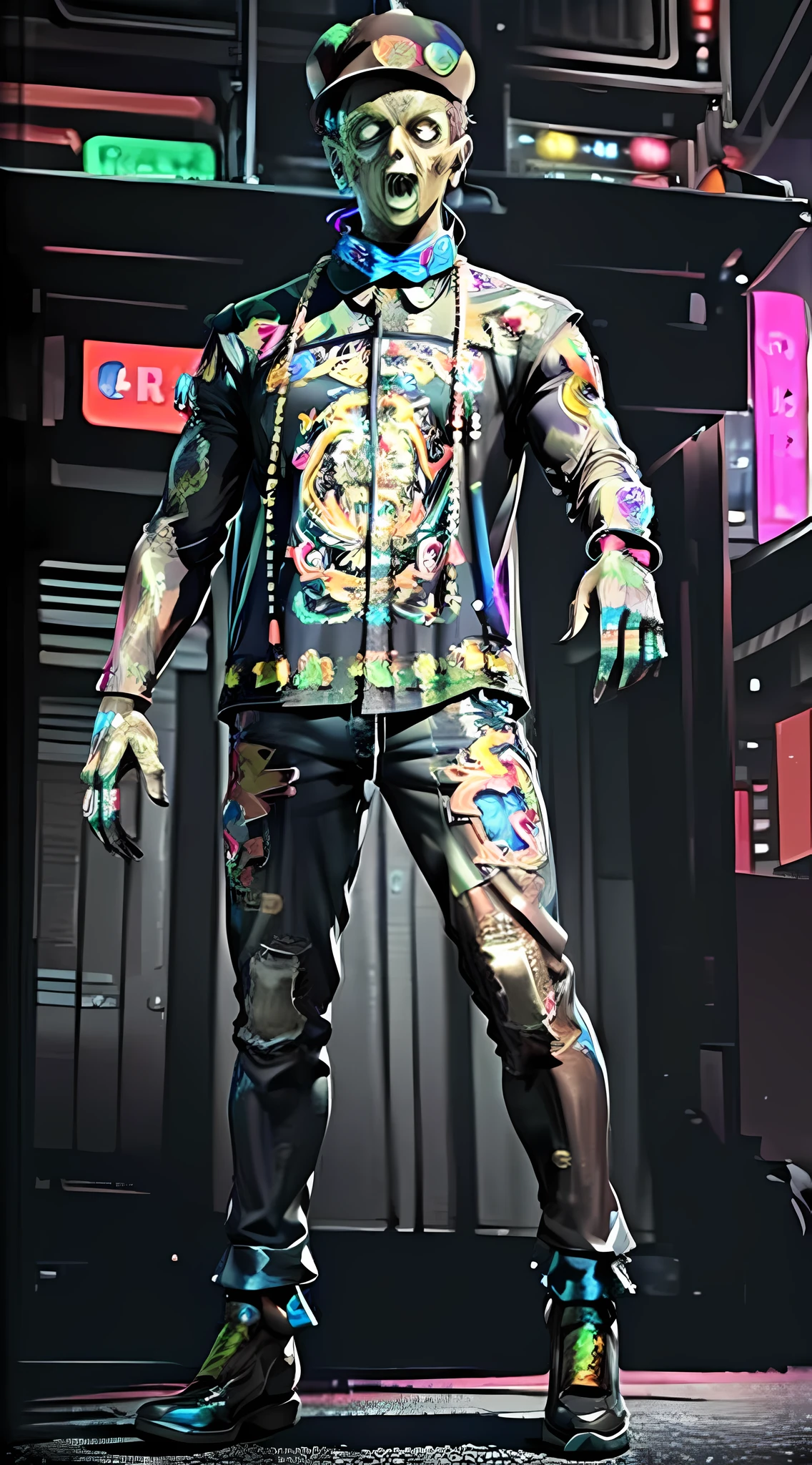 ((Masterpiece), (Best Quality), Ultra High Resolution, (Realistic:1.4), Extraordinary Detail, Colorful Neon Lights, High Resolution, 8K,1 Clear Zombie Boy, Full Body, Clear Hat, Cyberpunk, Mecha Zombie,