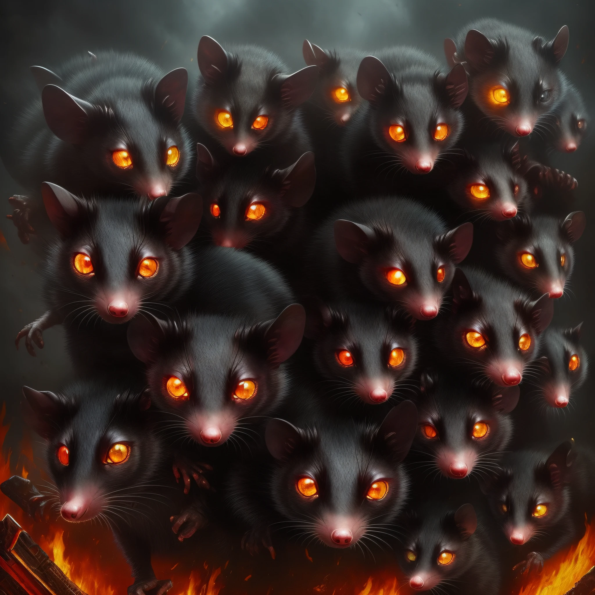 Opossums, a army of opossums, eyes glowing red, fur black as midnight, furious, visious, rabid, battleground, masterpiece, best quality ((In genre painting Style))