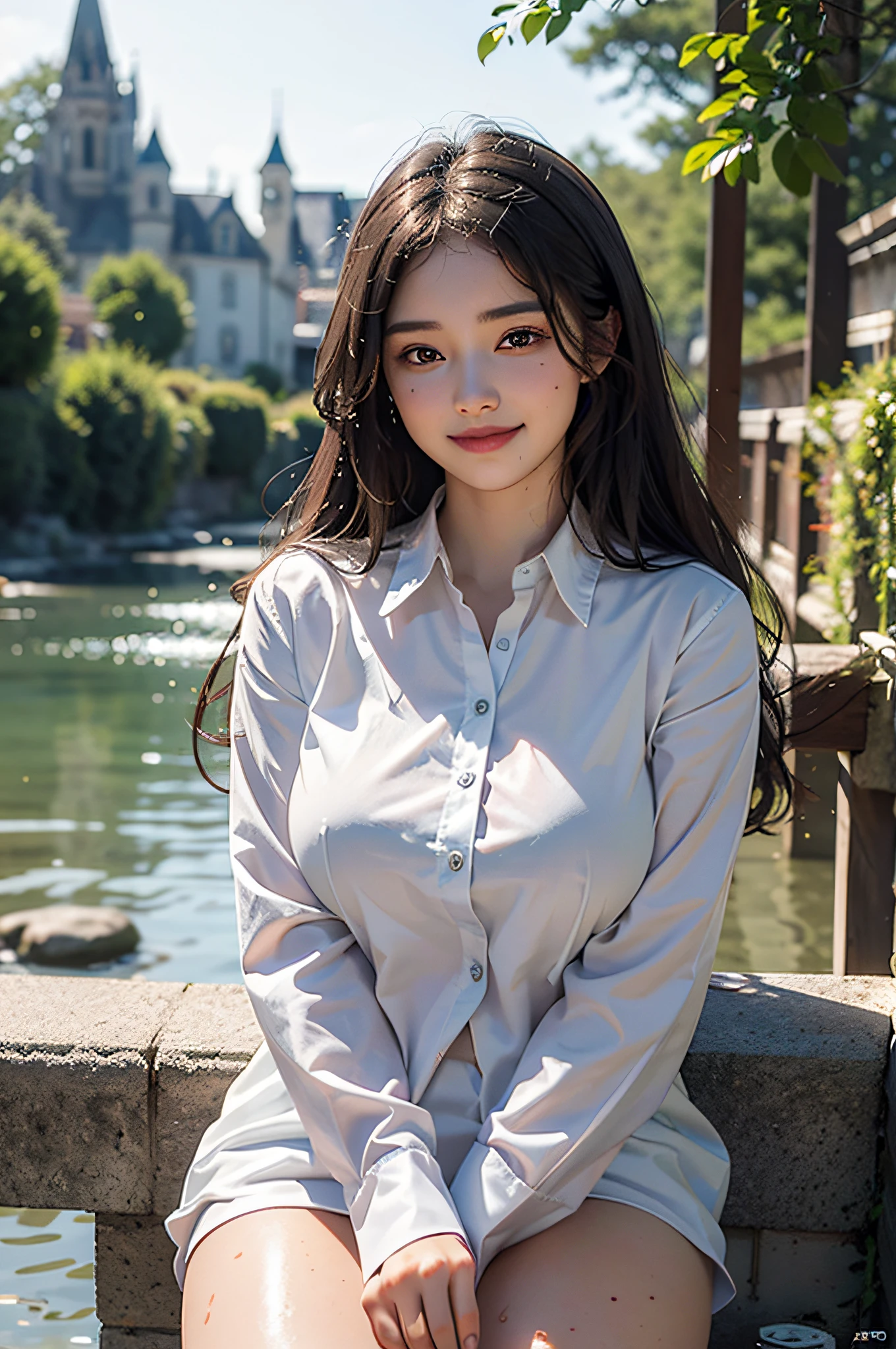 (8k), (best quality), (masterpiece:1.2), (realistic), (photorealistic:1.37), ultra-detailed, 1girl, cute, smile, closed mouth, beautiful detailed eyes, beautiful detailed nose, full body, wet hair, huge breasts, dalcefo, pigsney,Student uniforms,Thick thighs