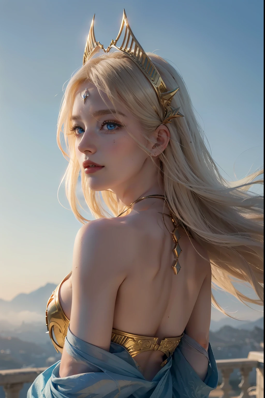 ((Best Quality, 8k, Sharp Focus, 35mm Lens, Masterpiece: 1.2, back Light, Ultimate Girl, Highly Detailed Facial Textures, Highly Detailed Facial Textures, detailed beauty makeup: 1.2, realistic skin, detailed bangs)), The background of night the mountain, (detailed shining light gold Full Metal Armor), holding flame-lance, (circlet helmet), 22 years old, inverted triangle face, Grinning, detailed divine pale blonde hair, long wavy messy hair, wind, light fog, devil's castle, beautiful detailed deep blue eyes, sense of determination Courageous face, final battle, absurdity, looking back, head tilt