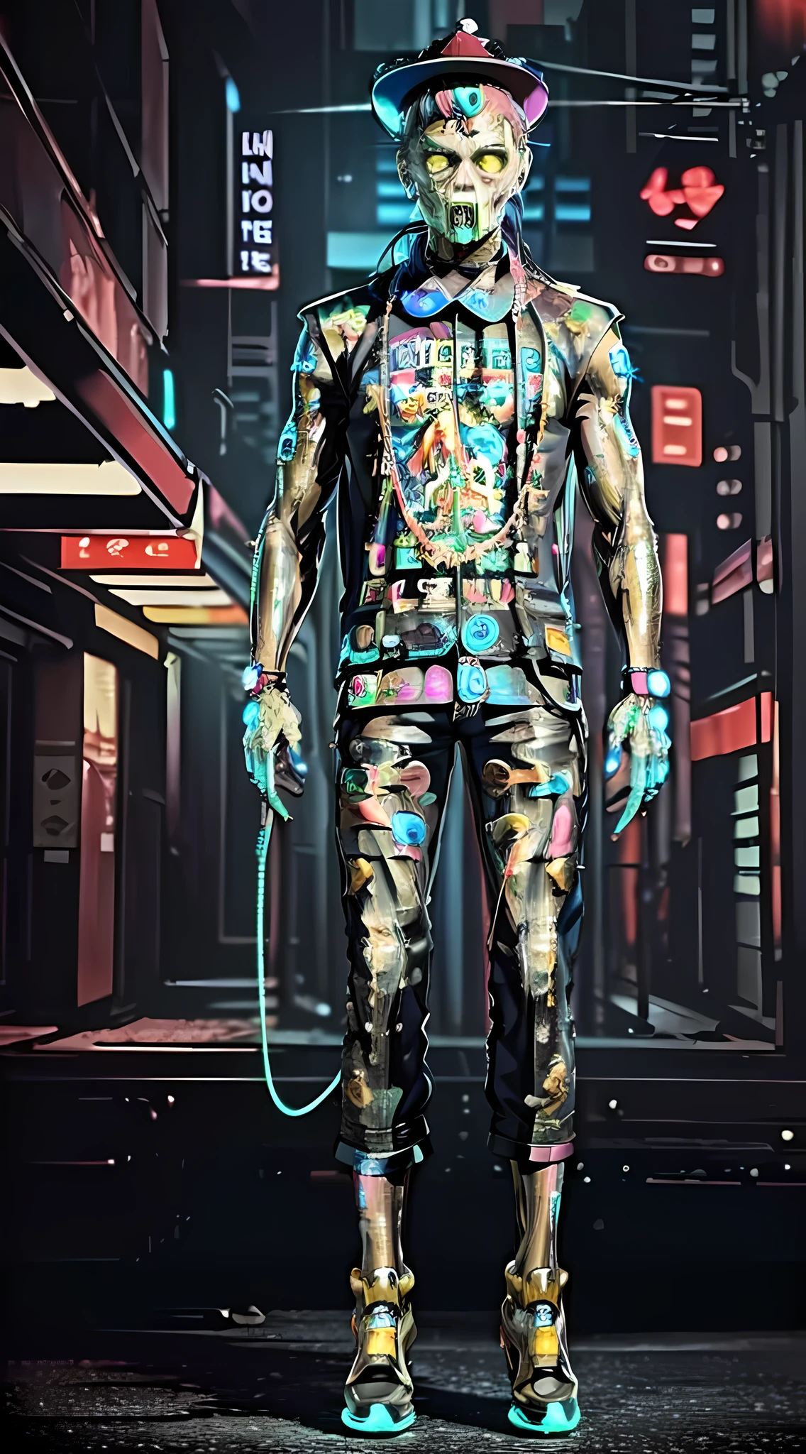 ((Masterpiece), (Best Quality), Ultra High Resolution, (Realistic:1.4), Extraordinary Detail, Colorful Neon Lights, High Resolution, 8K,1 Clear Zombie Boy, Full Body, Clear Hat, Cyberpunk, Mecha Zombie,
