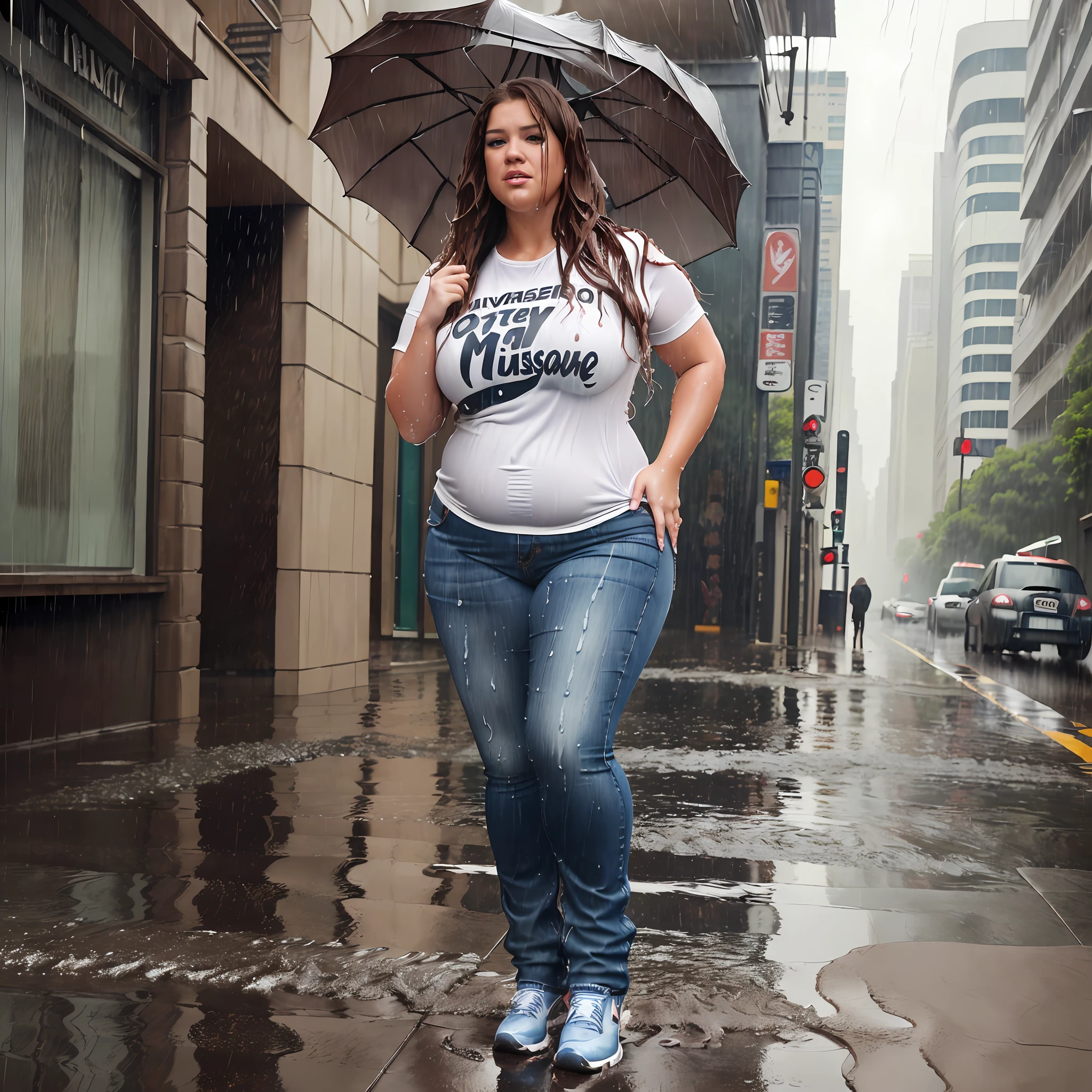 ((Overweight)) ((chubby)) Kelly Clarkson, long brown hair, wearing jeans, t-shirt and runners, subject is standing outside in the rain, looking seductive, teasing, playful, sexy pose ((wet clothes:1.1)) (((full body shot))) (((view front on))) (masterpiece) ((cinematic look)) —v 4