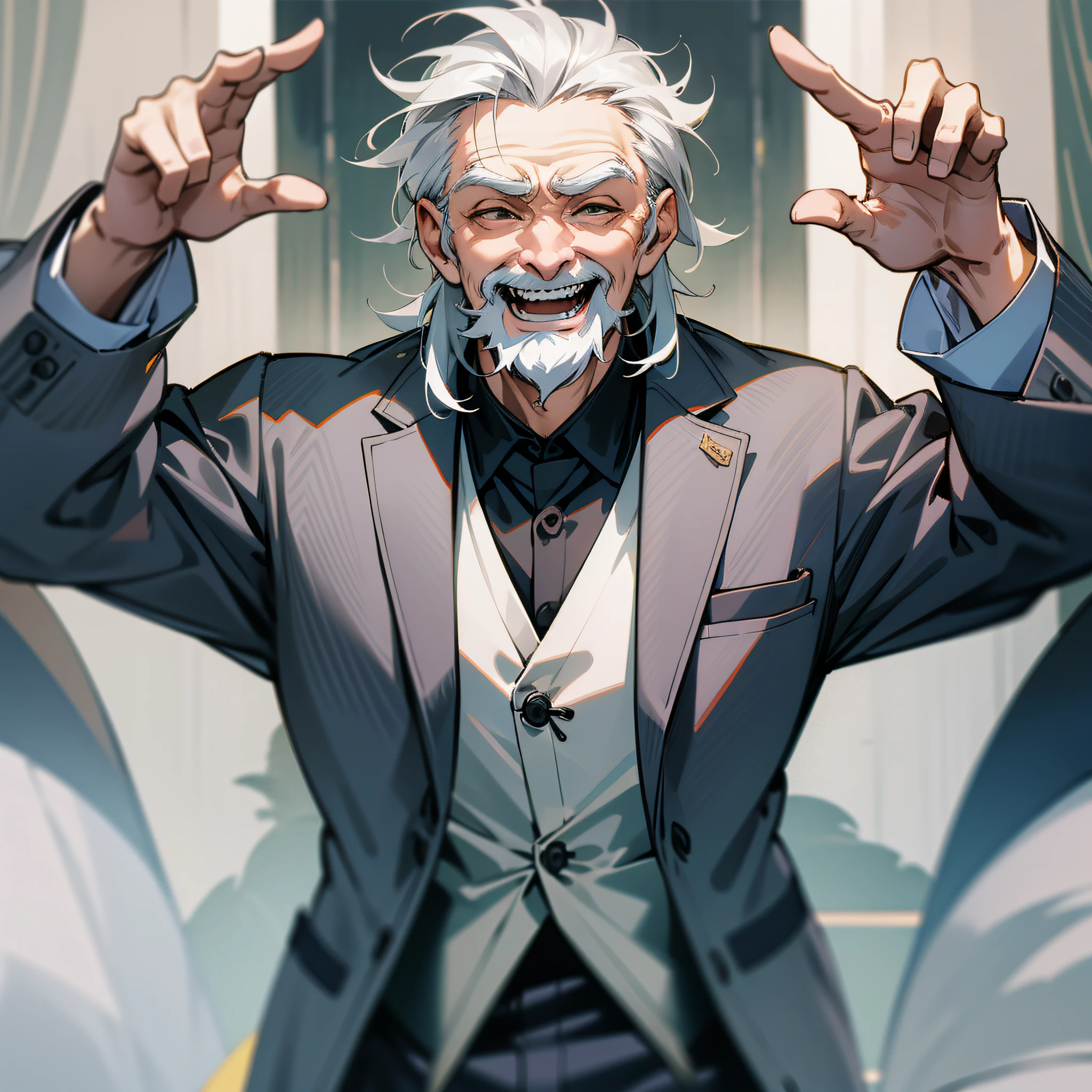 Old man, majestic, serious, Zhongshan suit, gray hair, happy, laughing