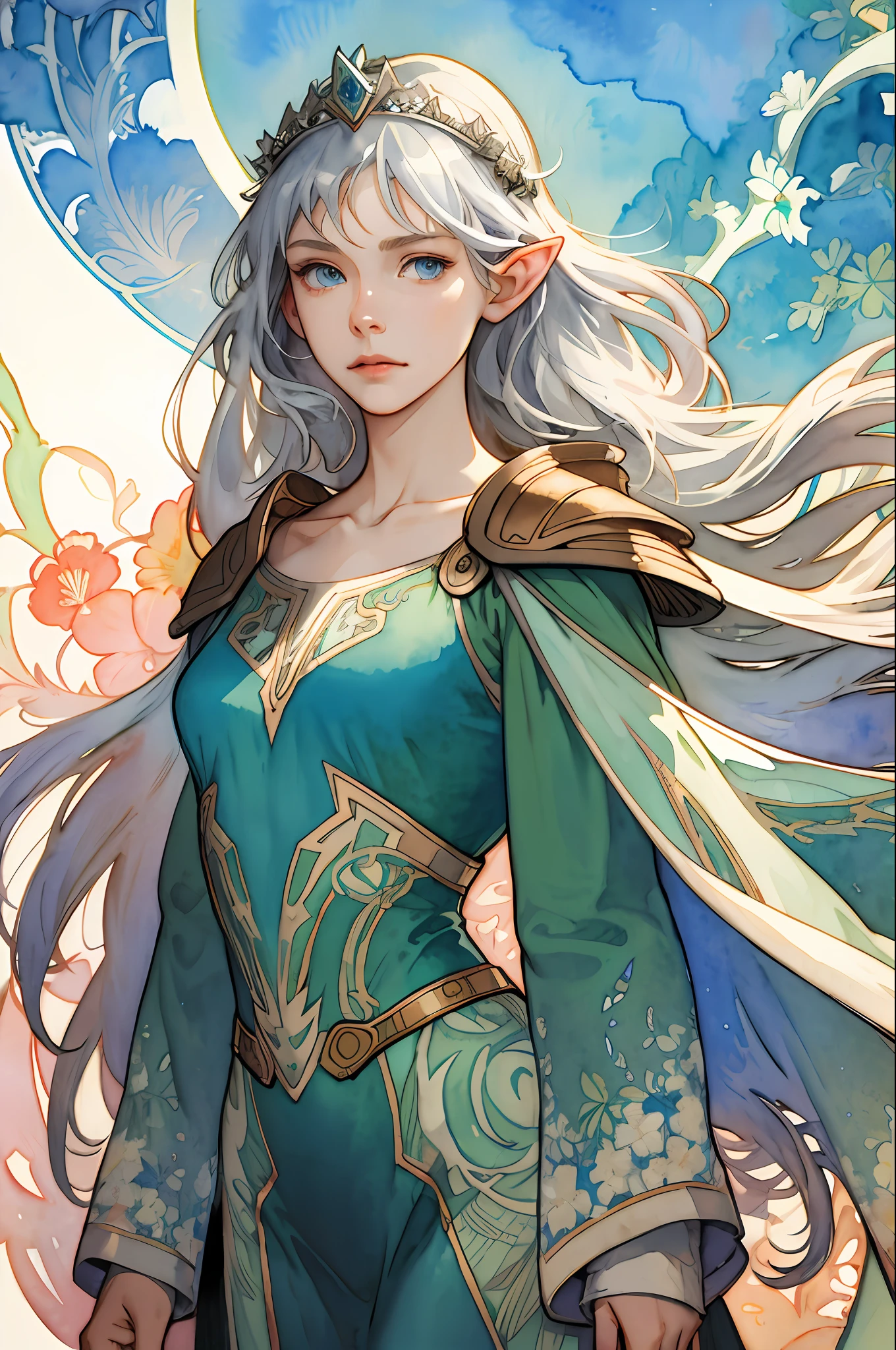 (Best Picture), (Watercolor), (Matte), (by Mucha), (by Mucha), (Thick Outline), Flowing Lines, (High Resolution, Super Detail), Elf, 1 girl, 28 years old, Skinny,Thin, Straight Long Hair, Beautiful Silver Hair, Blue Eyes, Parted Bangs, Hair Swaying in the Wind, Simple Tiara, White Skin, Front and Upper Body, Standing, Stunning Queen Dress in Green , armor, collarbone, geometric pattern, (flower), front, hand down, soft air, serious face, wind magic,