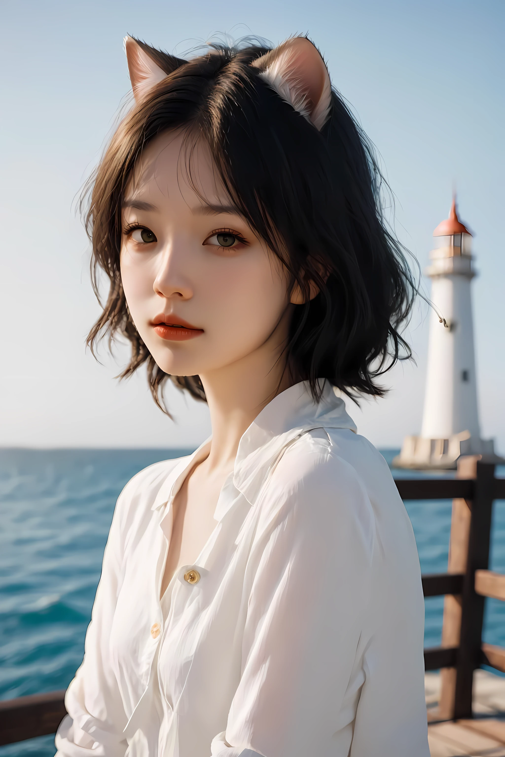 Coastal beauty, 1girl in a charming nautical outfit, (fluffy cat ears, short white hair), striped shirt, (bright eyes, sun-kissed skin, carefree expression), sandy beach background, lighthouse, gentle sea breeze, playful pose, dynamic composition, golden hour lighting, blurred background, rich colors, fine details, hyperrealistic, 50mm lens, relaxed atmosphere. portrait photography, 35mm film, natural blurry