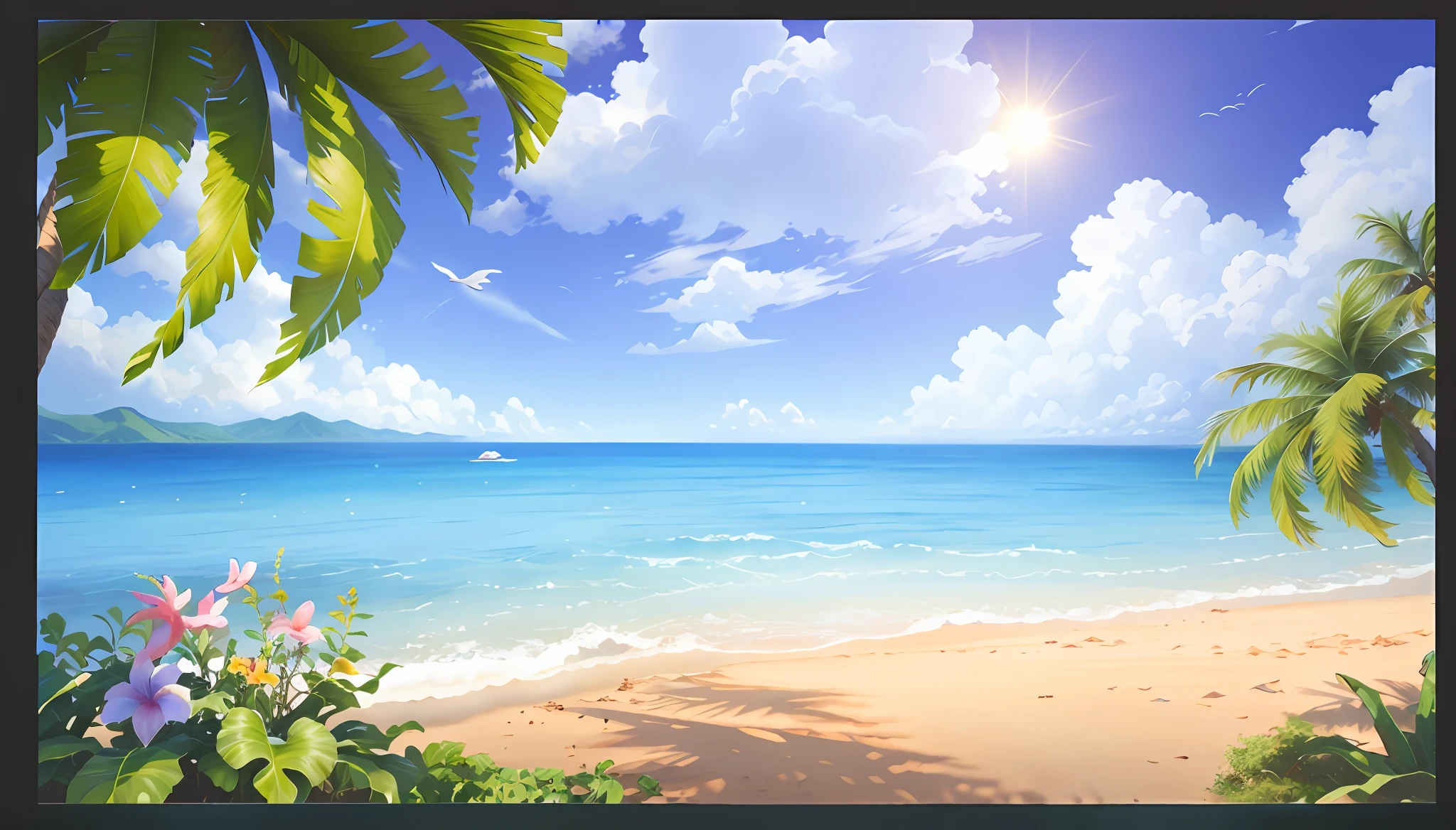 (Masterpiece, best quality: 1.1), no man, blue sea, sun, sand, coconut trees, waves, breeze, summer, morning, sunny, clouds, calm, fresh air, depth of field