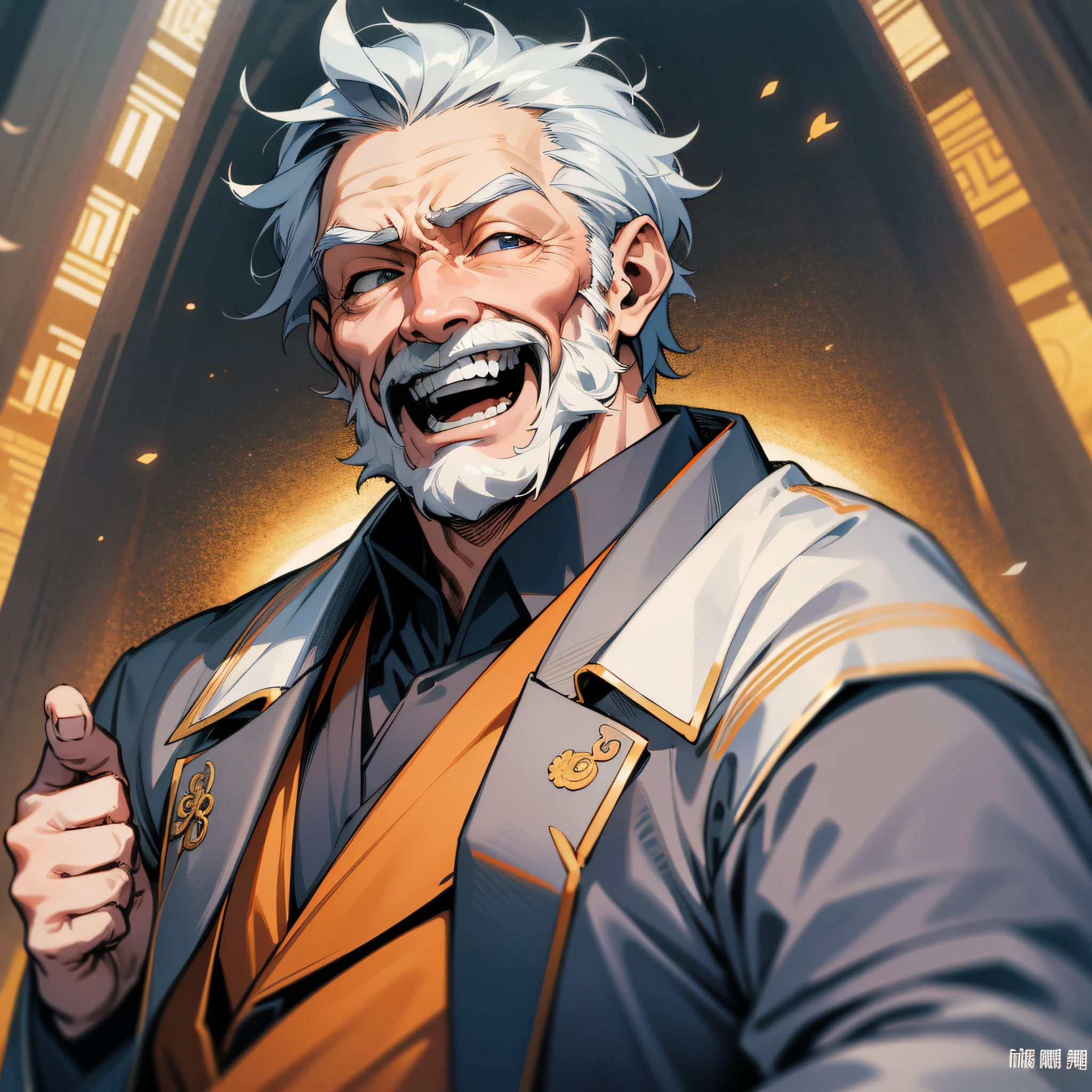 Old man, majestic, serious, Zhongshan suit, gray hair, happy, laughing