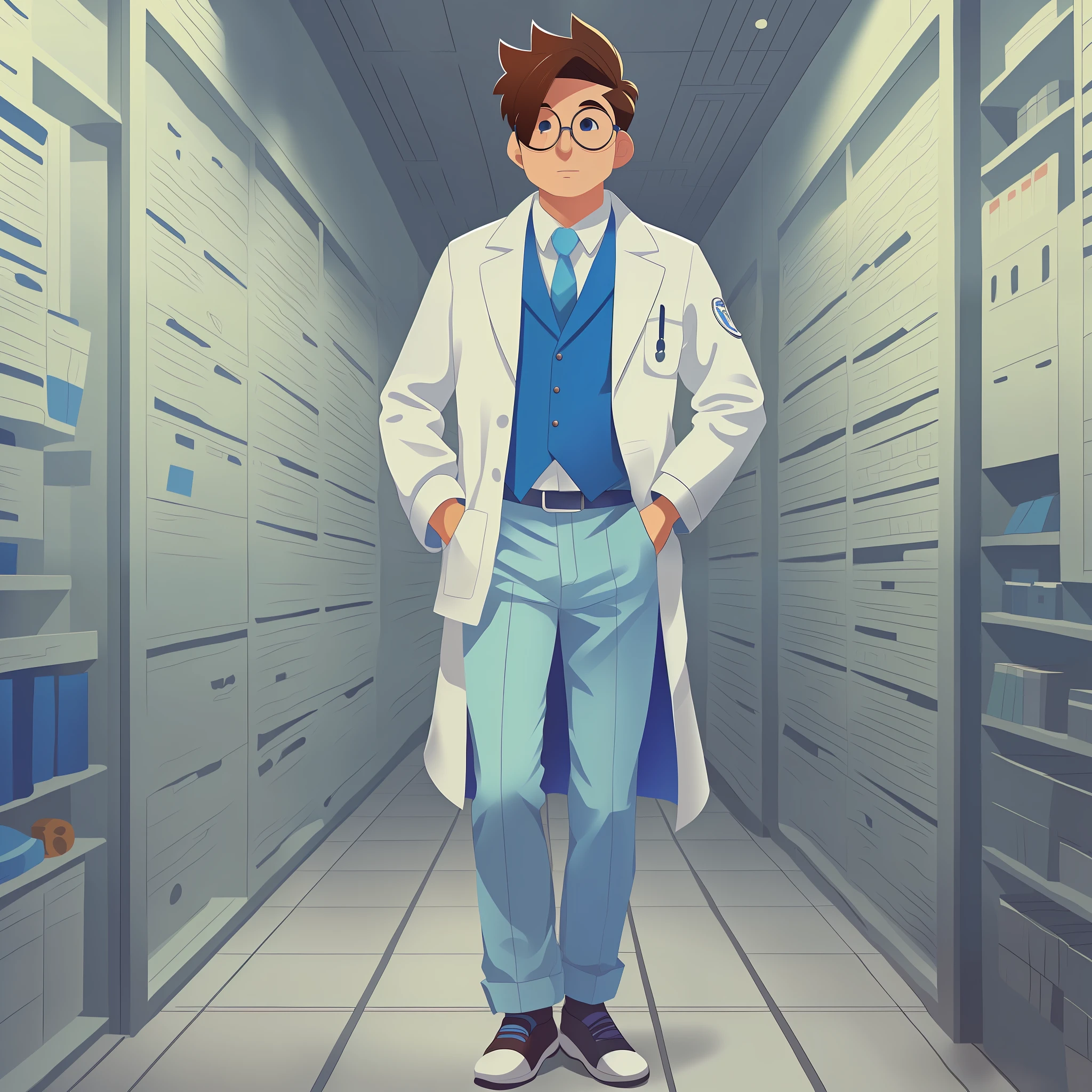 Male doctor, cartoon doctor, Q version doctor, white coat, inch hairstyle, glasses, 3d rendering, blue background, full body photo, slightly fat
