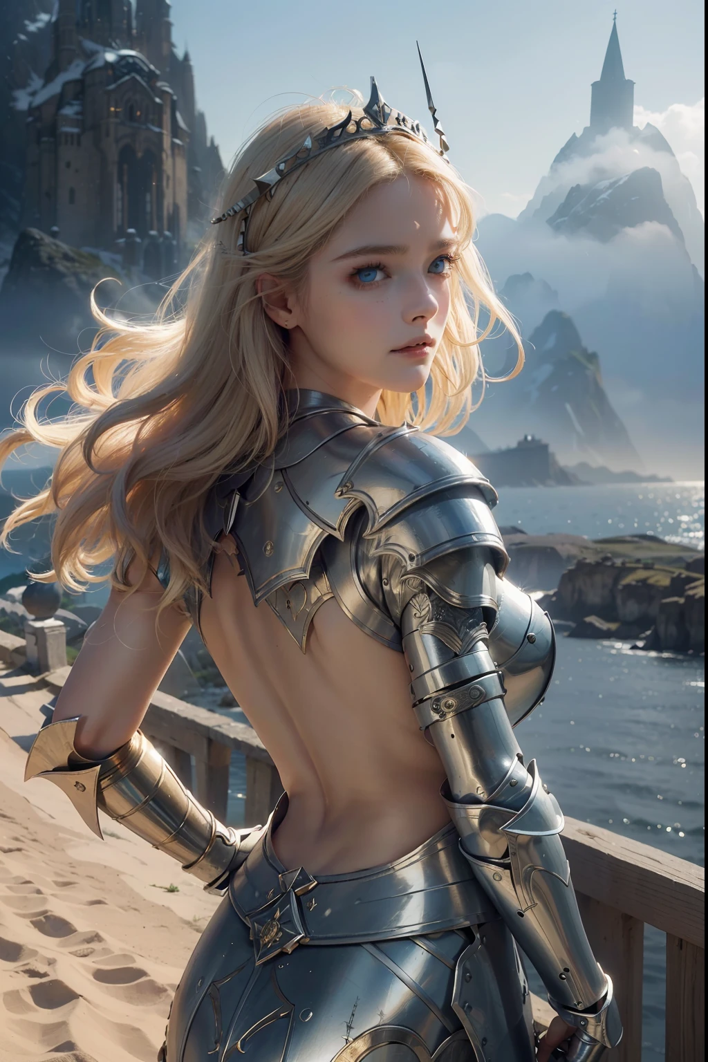 ((Best Quality, 8k, Sharp Focus, 35mm Lens, Masterpiece: 1.2, back Light, Ultimate Girl, Highly Detailed Facial Textures, Highly Detailed Facial Textures, detailed beauty makeup: 1.2, realistic skin, detailed bangs)), The background of night the mountain, (detailed shining light gold Full Metal Armor), holding flame-lance, (circlet helmet), 22 years old, inverted triangle face, Grinning, detailed divine pale blonde hair, long wavy messy hair, wind, light fog, devil's castle, beautiful detailed deep blue eyes, sense of determination Courageous face, final battle, absurdity, looking back, head tilt