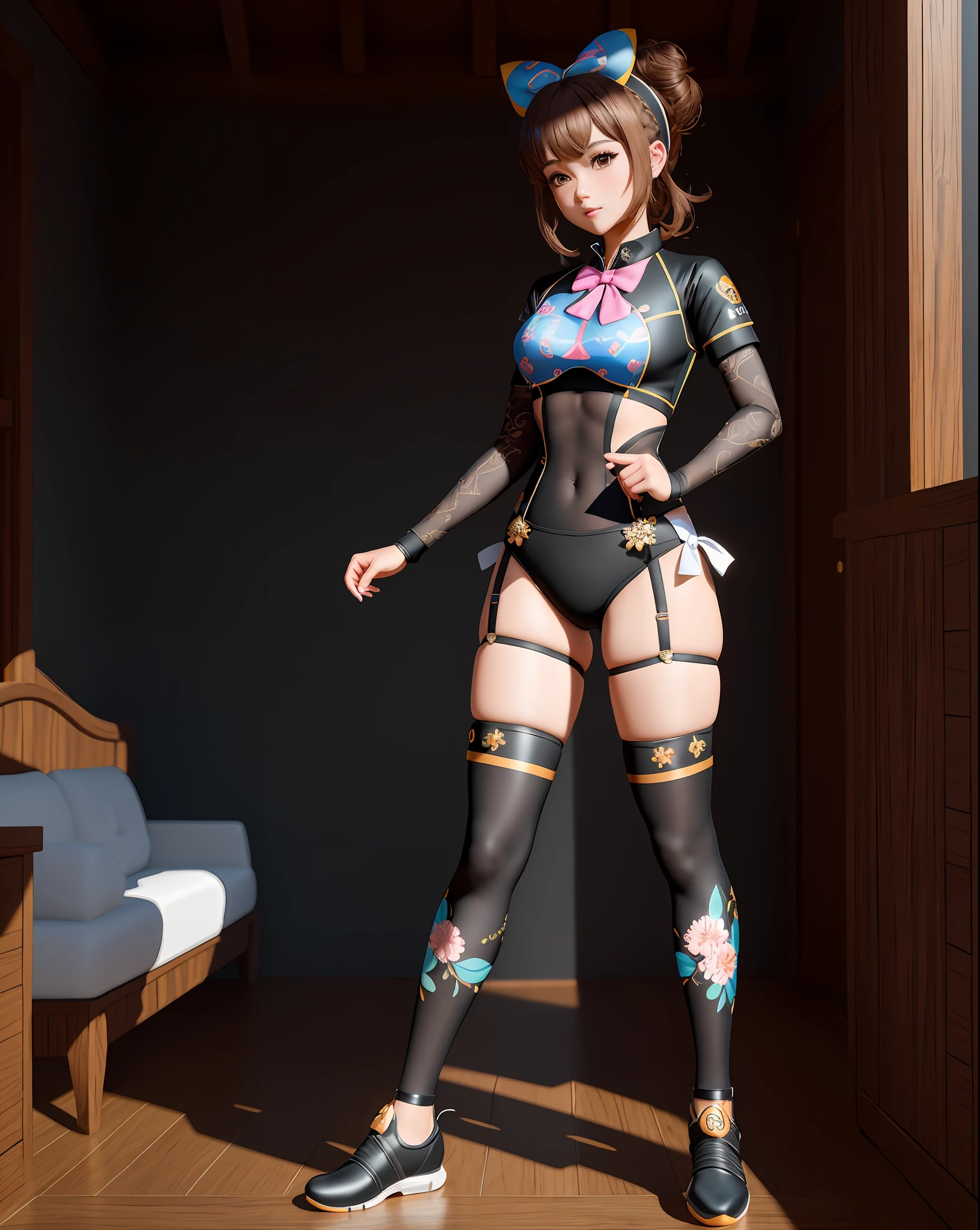 3dmm style, (masterpiece, best quality), intricate details, 1girl, solo, bea \(pokemon\), bow hairband, print shirt, tied shirt, black ,  under clothes, single glove, print shorts, knee pads, barefoot, cowboy shot, looking at viewer