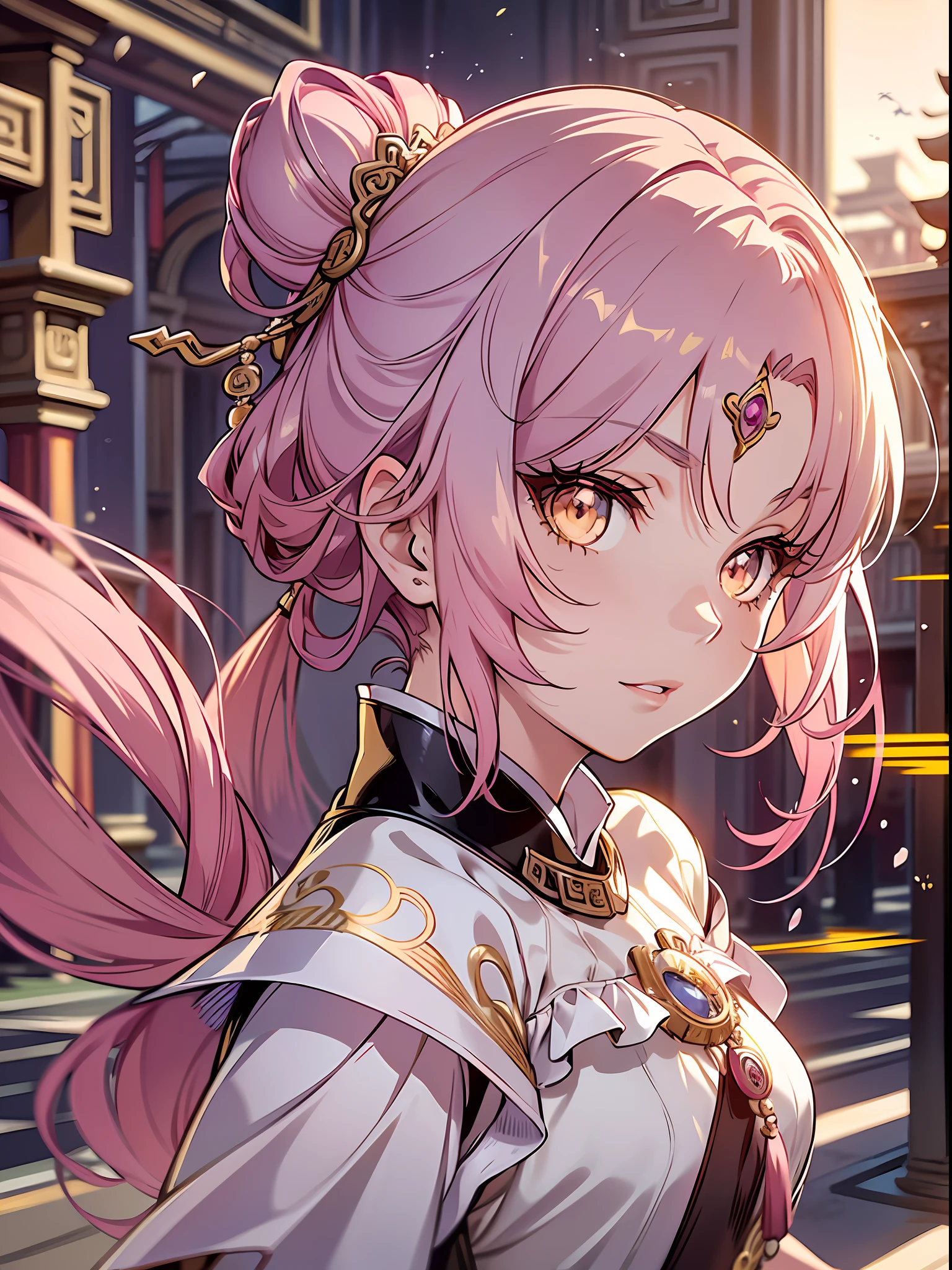 (illustration style, exquisite masterpiece, best picture quality), a 14-year-old anime girl wearing a Chinese Tang Dynasty court costume, bright eyes and teeth, pink hair in a bun, fluttering hem, golden hair ornament, light golden eyes and small chest, dynamic posture, picture in line with the golden ratio, large aperture portrait, white space, strong light and shadow contrast), bright tone, dignified and elegant, slanting sun at dusk, ancient city background, background bokeh, classical style, white and pink as the main tone