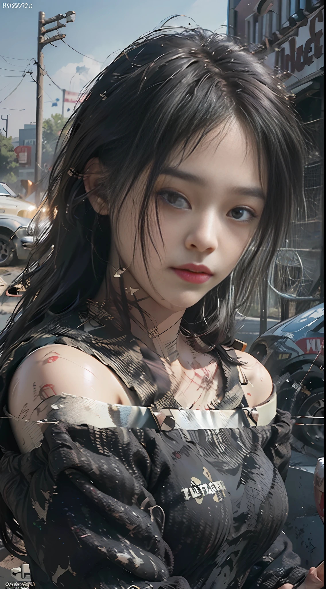 Best quality, masterpiece, ultra high res, (photorealistic:1.4), raw photo, 1girl, off shoulder, cinematic lighting, apocalypse, ruins, war, (dirty face), lowkey, (film grain:1.0), (floating dust particle:1.2), dust, blood stains, sad, long hair