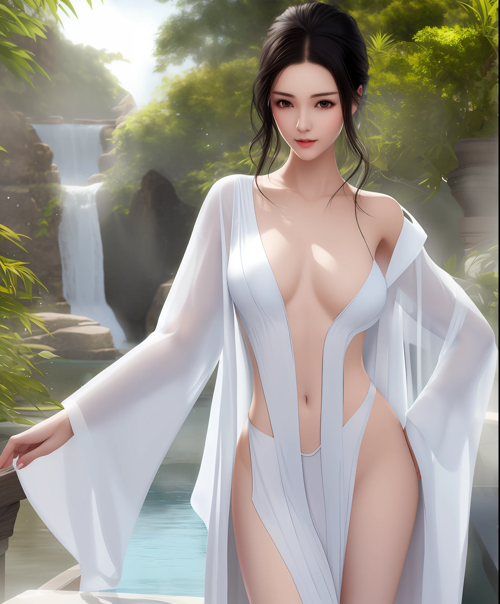 Realistic,A young and pure lady from a wealthy family, showering in the bathhouse. Slim waist, tall and bony, with a flat lower abdomen and a moist body.Black hair. Wearing a unbutton semi loose ultra-thin perspective silk bathrobe without any underwear.Not wearing clothes and underwear and bras.