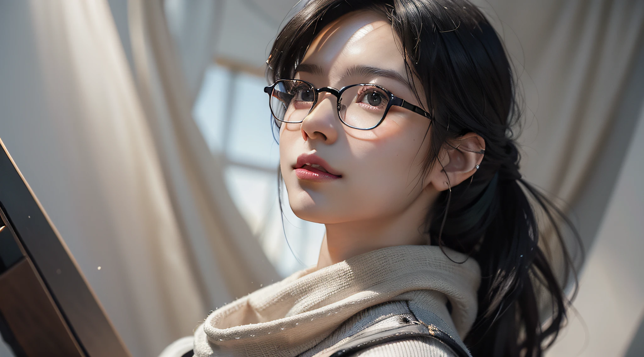 From below, Japan woman in everyday clothes, Spectacled beauty, white skin, black hair, masterpiece, exquisite and artistic face, affectionate tenderness, piercing gaze, bewitchingly beautiful smile, very detailed and expressive eyes, shiny black hair, very detailed face and skin texture, highly detailed skin with pores, detailed hand description, detailed leg description, 8K, 16K, top quality, professional lighting, extreme light and shadow, photon mapping, Radiosity, Movie Lighting, Dramatic Lighting, Photorealism, Exquisite CG, Physical Rendering, Ultra-Realistic Realistic Textures, Unreal Engine 5, Dynamic Angles,
