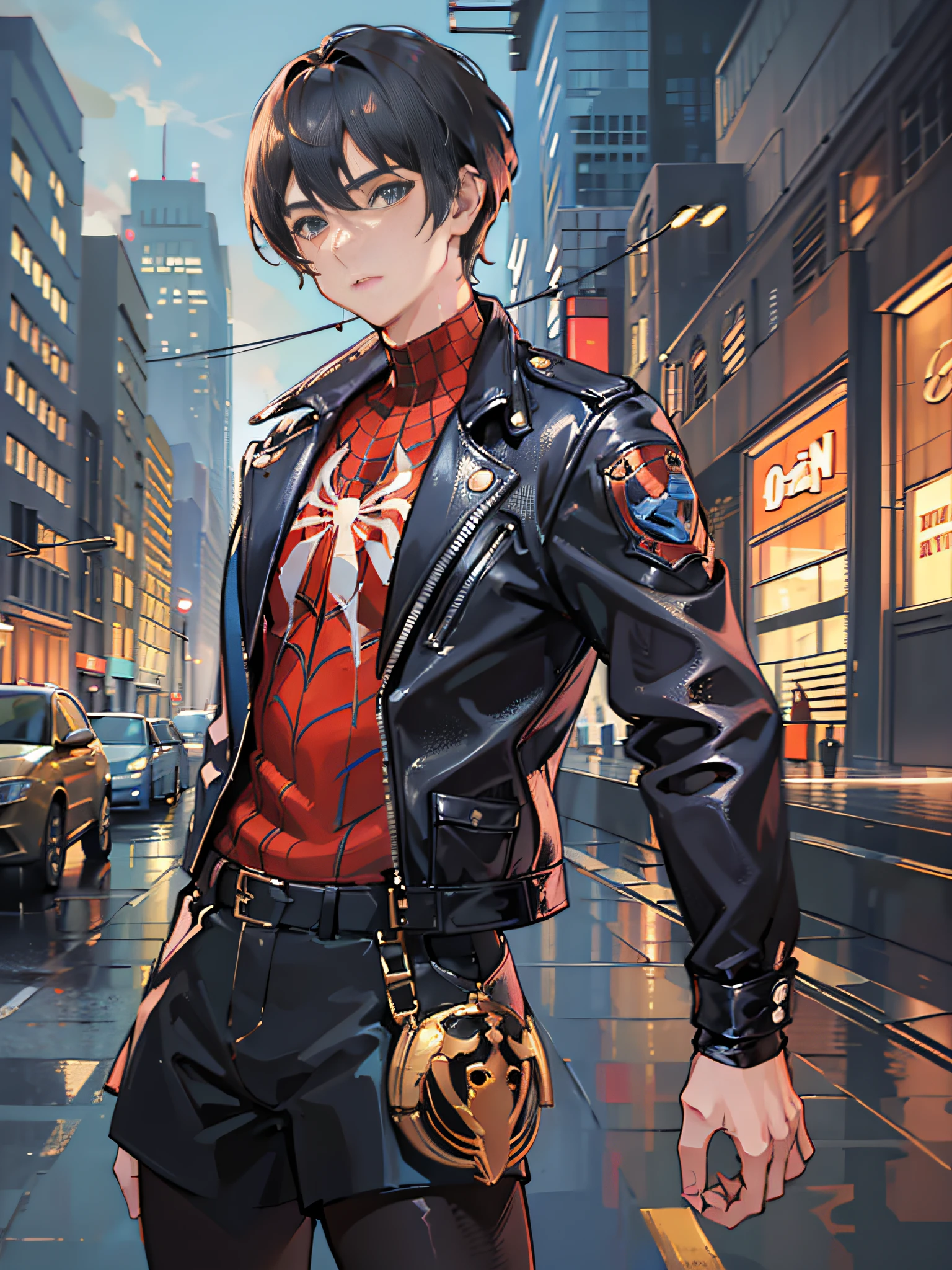 (One Man: 2.0), Determined Expression, (Refined Muscles: 1.3), (Short Hair: 1.5), Brunette Hair, Spider-Man Tights, Jacket, After the Rain, Street, (Upper Body: 1.5), Surrealism, Anime, Chiaroscuro, Reflected Light, UHD, Masterpiece, Super Detail, High Detail, Best Quality