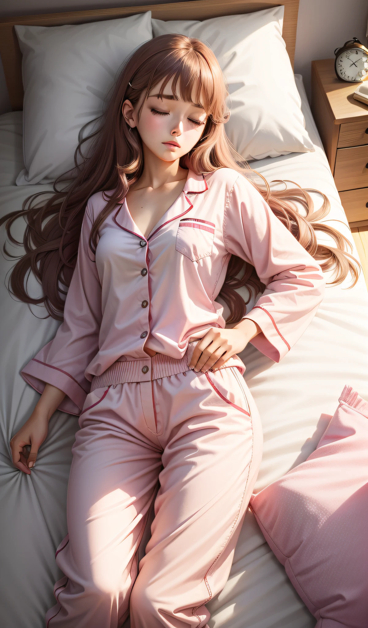 Sleeping girl, 22 years old, realistic, she is wearing long pants, she is wearing pink pajama, brown hair.