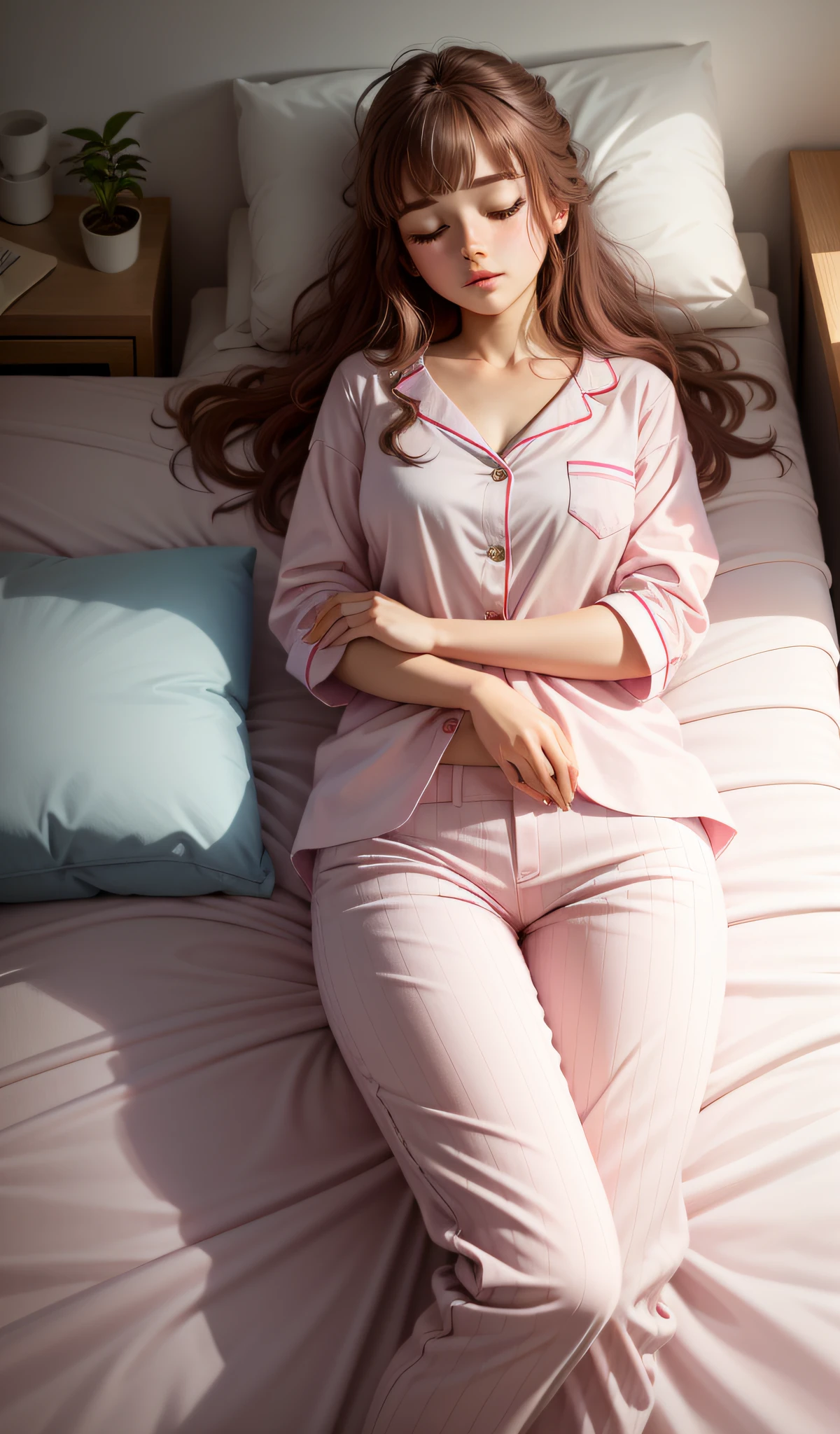 Sleeping girl, 22 years old, realistic, she is wearing long pants, she is wearing pink pajama, brown hair.