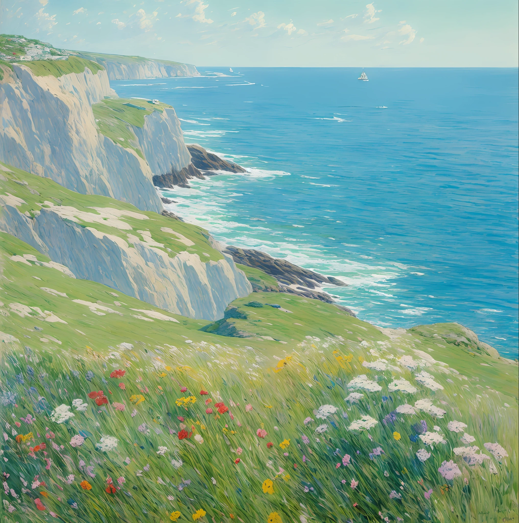 painting of a cliff with flowers and a sea view, on the coast, by Robert Reid, cliffside ocean scene, by Charles Harold Davis, by Willard Metcalf, near the seashore, inspired by Childe Hassam, near the sea, inspired by William Trost Richards, by Childe Hassam, american impressionism, inspired by William McTaggart, coastline --auto --s2