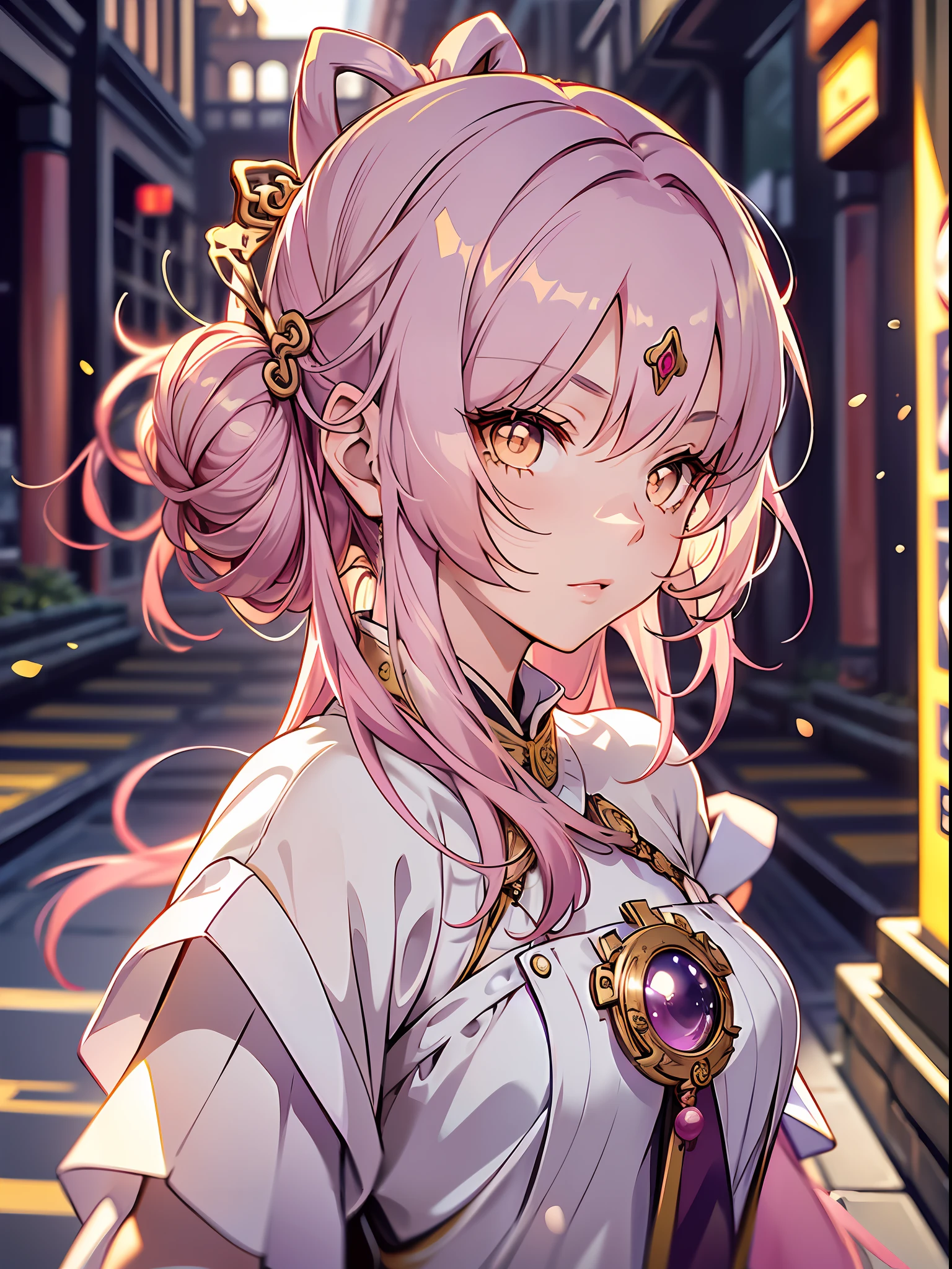 (illustration style, exquisite masterpiece, best picture quality), a 14-year-old anime girl wearing a Chinese Tang Dynasty court costume, bright eyes and teeth, pink hair in a bun, fluttering hem, golden hair ornament, light golden eyes and small chest, dynamic posture, picture in line with the golden ratio, large aperture portrait, white space, strong light and shadow contrast), bright tone, dignified and elegant, slanting sun at dusk, ancient city background, background bokeh, classical style, white and pink as the main tone