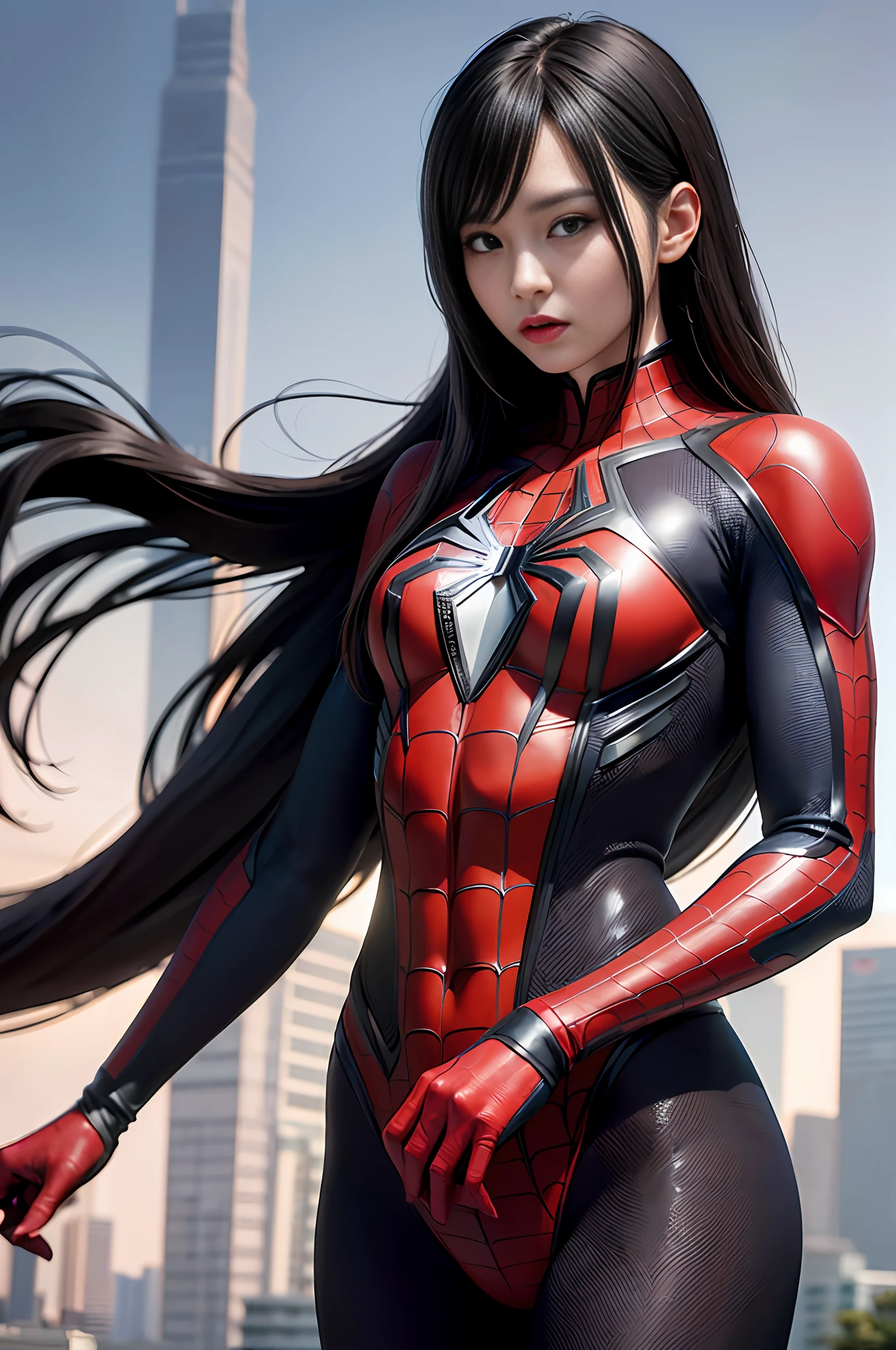 RAW，1girl， (A charming 18-year-old Chinese girl: 1.5), (no mask, face: 2), (no top, abs: 2), Spider-Man classic pose, shooting spider silk, masterpiece, super fine photo, best quality, super high resolution, photorealistic realism, full body portrait, delicate face, vibrant eyes, he wears futuristic steel man Spider-Man costume, very detailed background, detailed face, detailed complex busy background, highly detailed skin, realistic skin details, visible pores, sharp focus, volumetric fog, 8k  UHD, DSLR, high quality, film grain, photo realism, abs, perfectly proportioned body, model