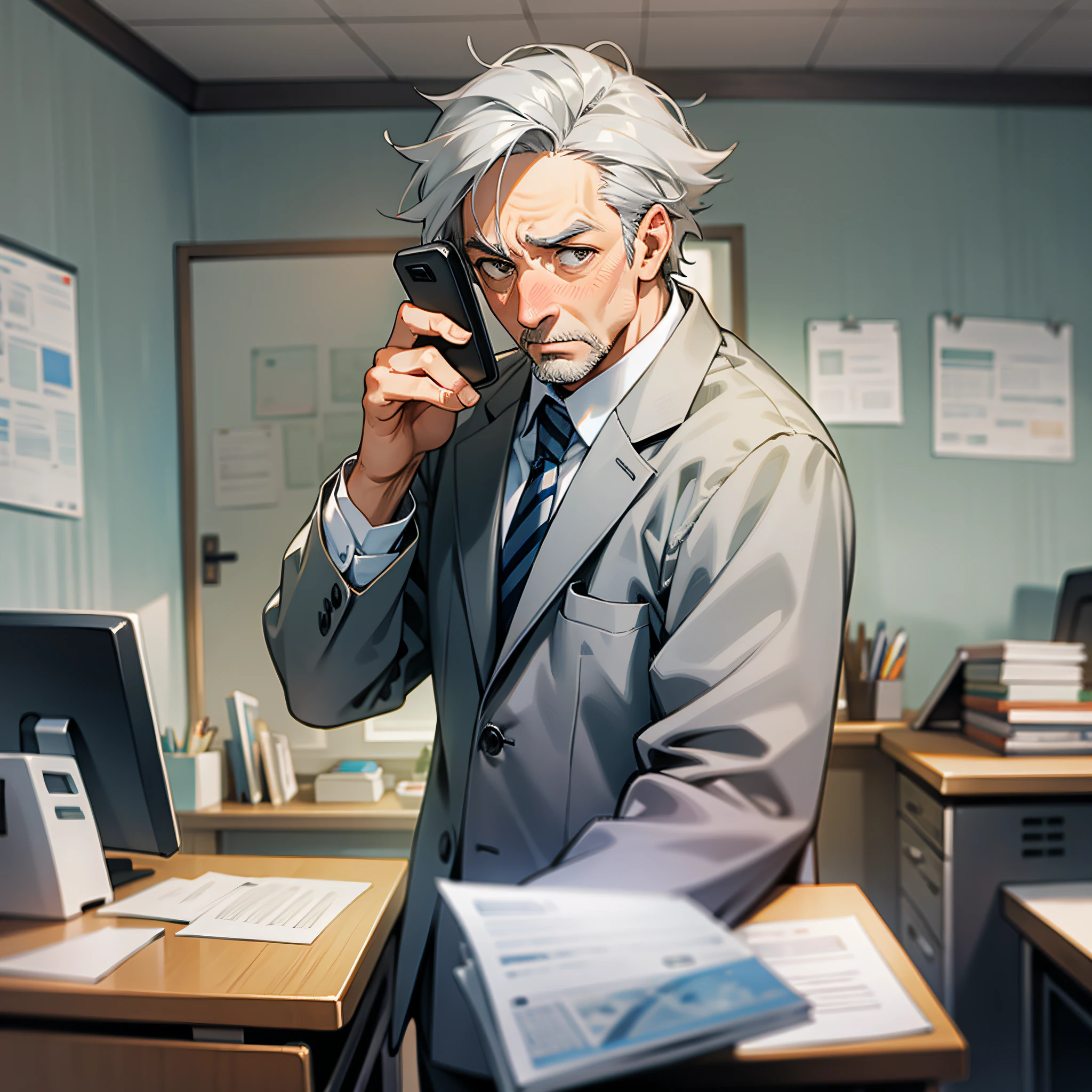 Gray hair, middle-aged man, flustered, suit, shocked, office, desk, answering the phone