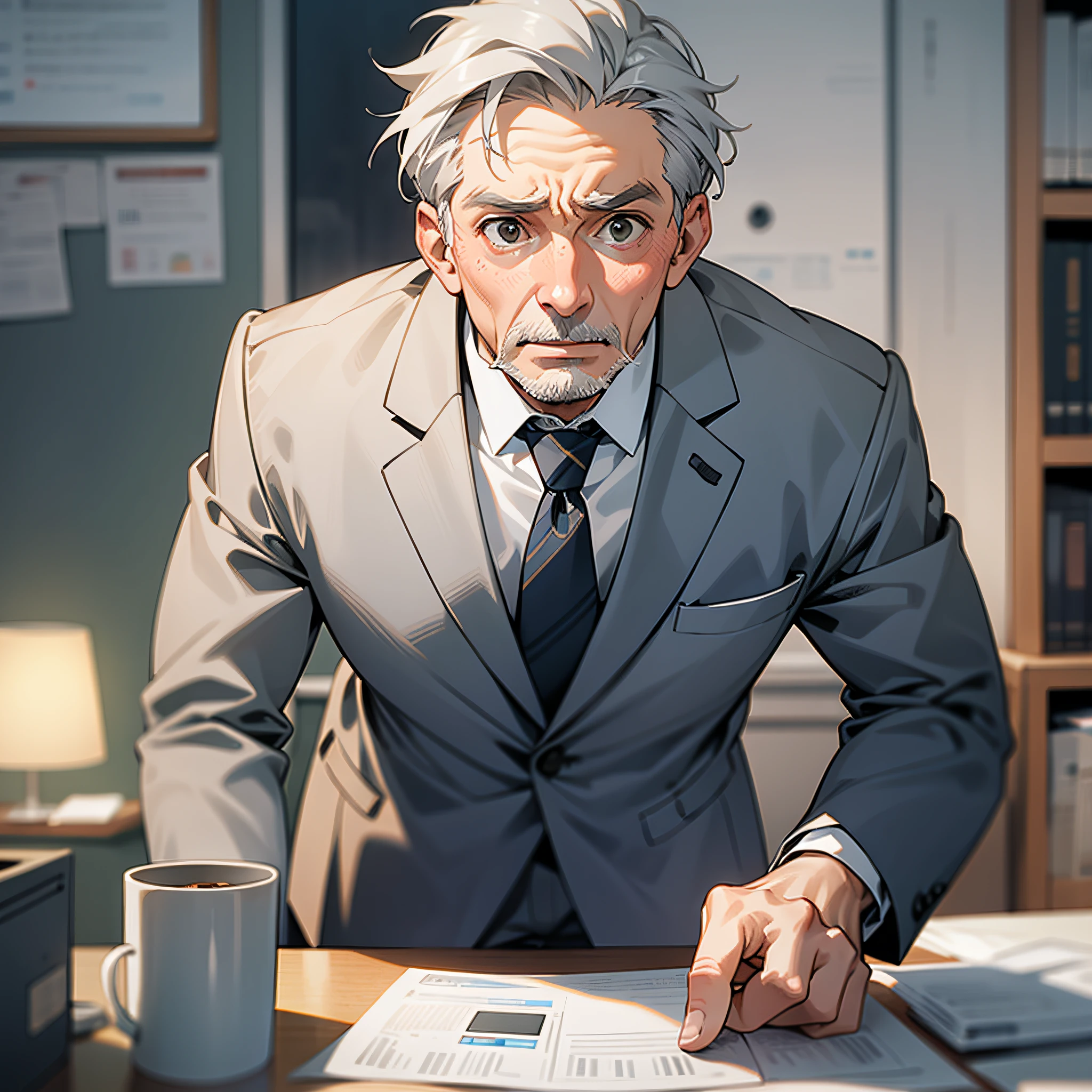 Gray hair, middle-aged man, flustered, suit, shocked, office, desk, answering the phone