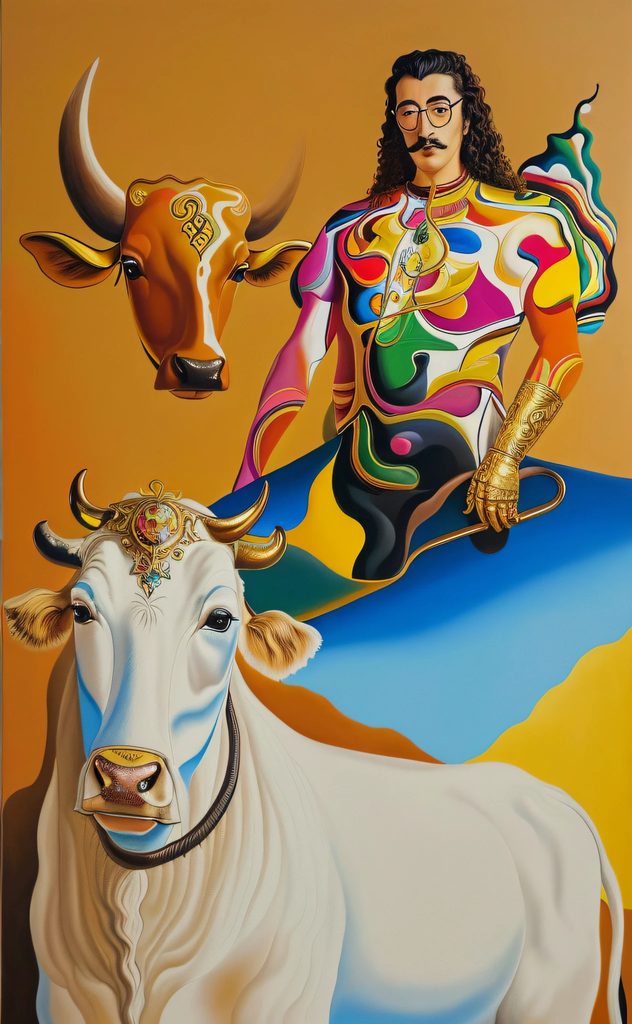 ((acrylic painting)),a man with golden glasses,(a cow in the background),((Salvador Dali style)),portrait,((layers)),((textures))