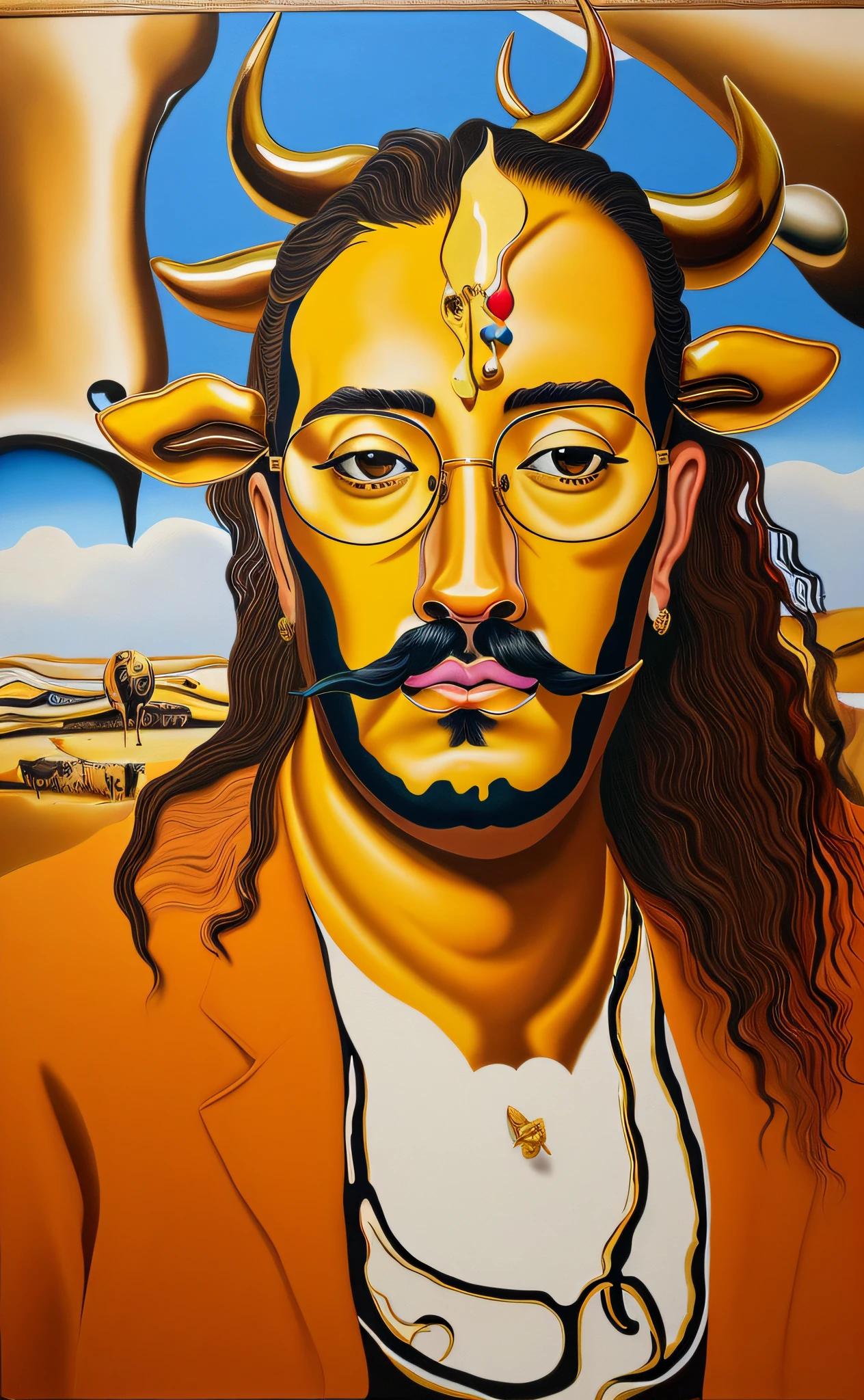 ((acrylic painting)),a man with golden glasses,(a cow in the background),((Salvador Dali style)),portrait,((layers)),((textures))